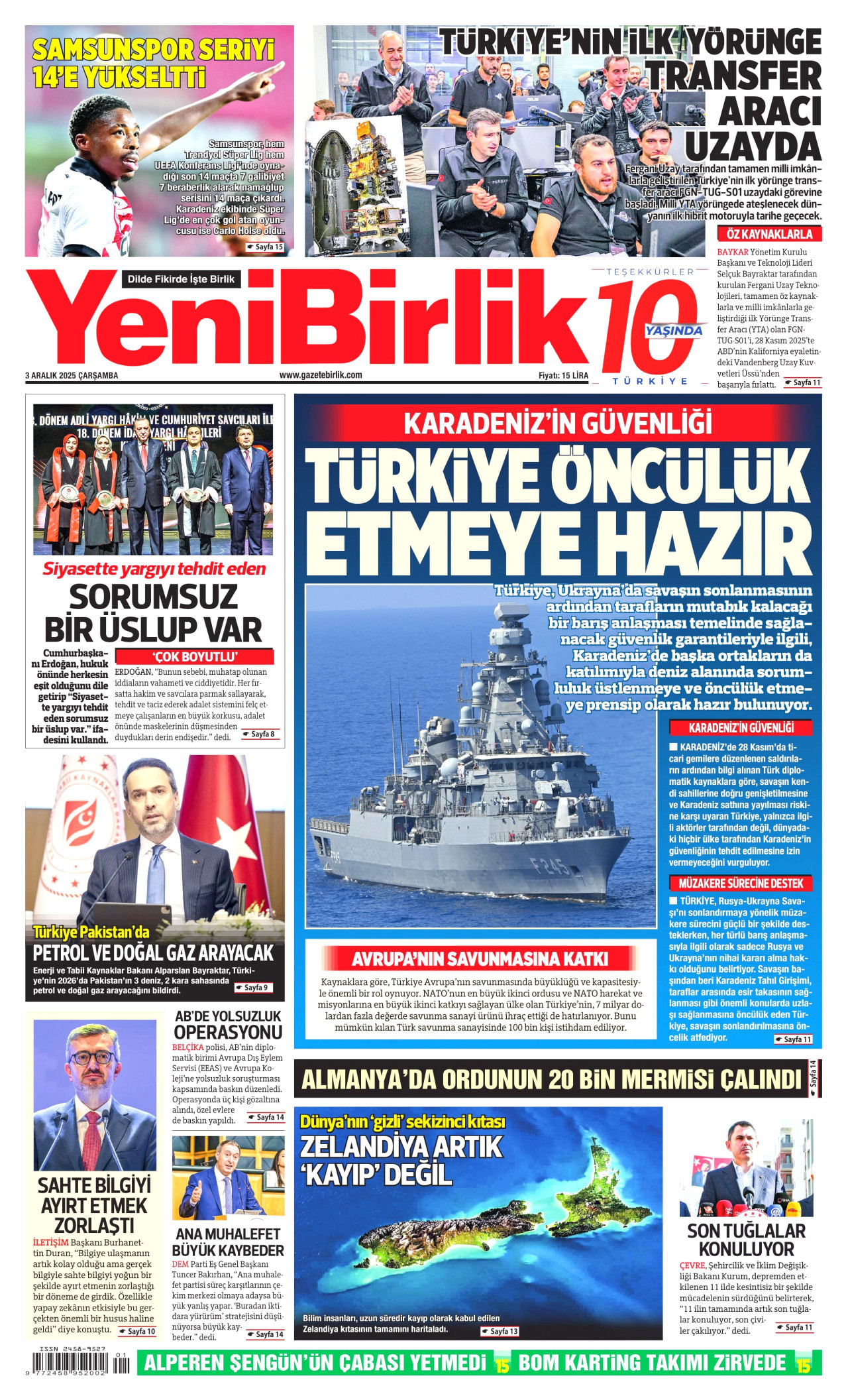 YENİBİRLİK gazetesinin 3 Aralık 2025 tarihli birinci sayfası