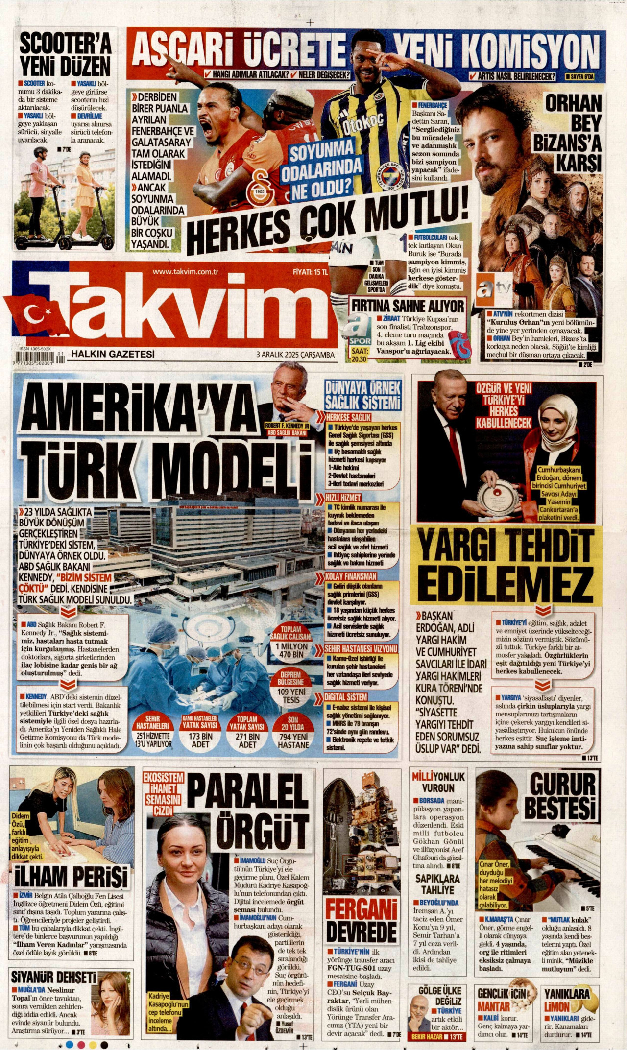 TAKVİM gazetesinin 3 Aralık 2025 tarihli birinci sayfası