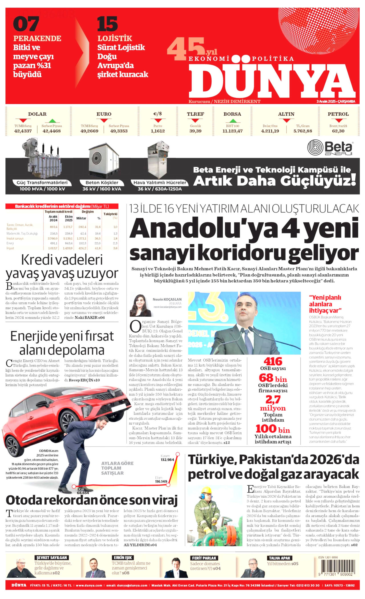 DÜNYA gazetesinin 3 Aralık 2025 tarihli birinci sayfası