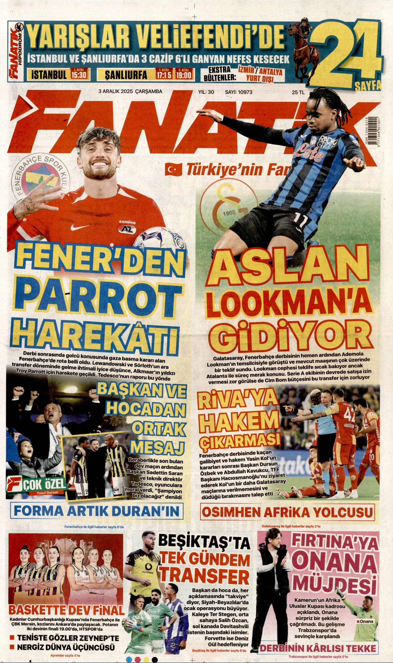 FANATİK gazetesinin 3 Aralık 2025 tarihli birinci sayfası