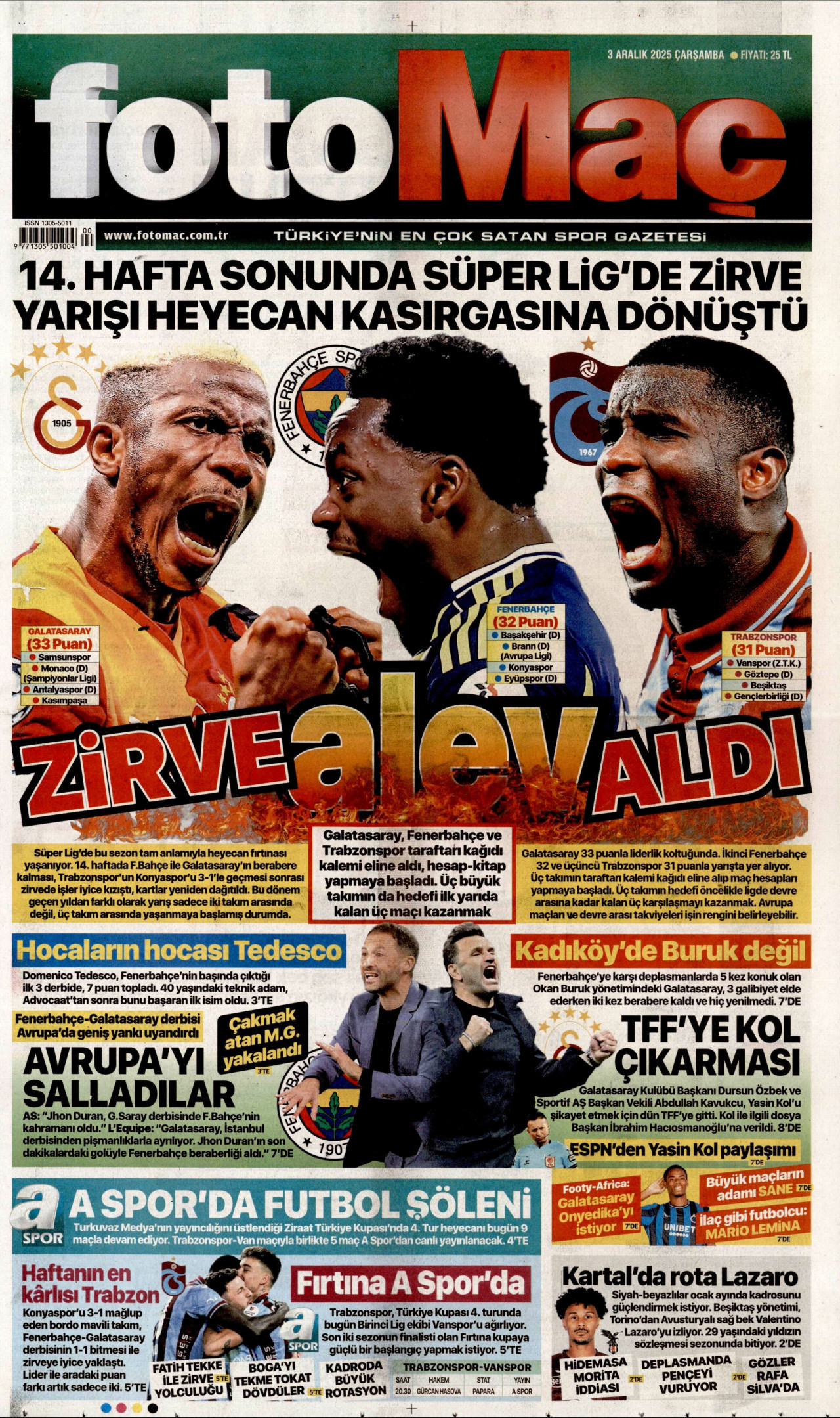 FOTOMAÇ gazetesinin 3 Aralık 2025 tarihli birinci sayfası