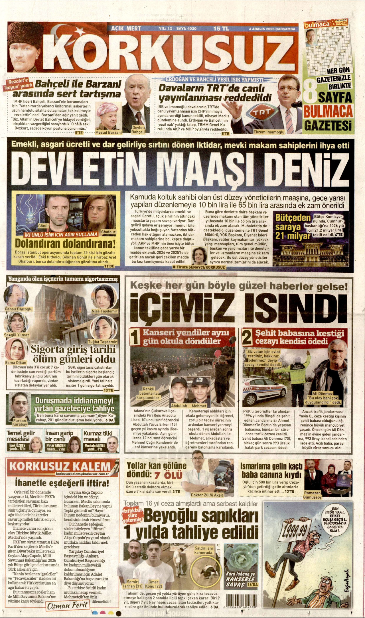 KORKUSUZ gazetesinin 3 Aralık 2025 tarihli birinci sayfası