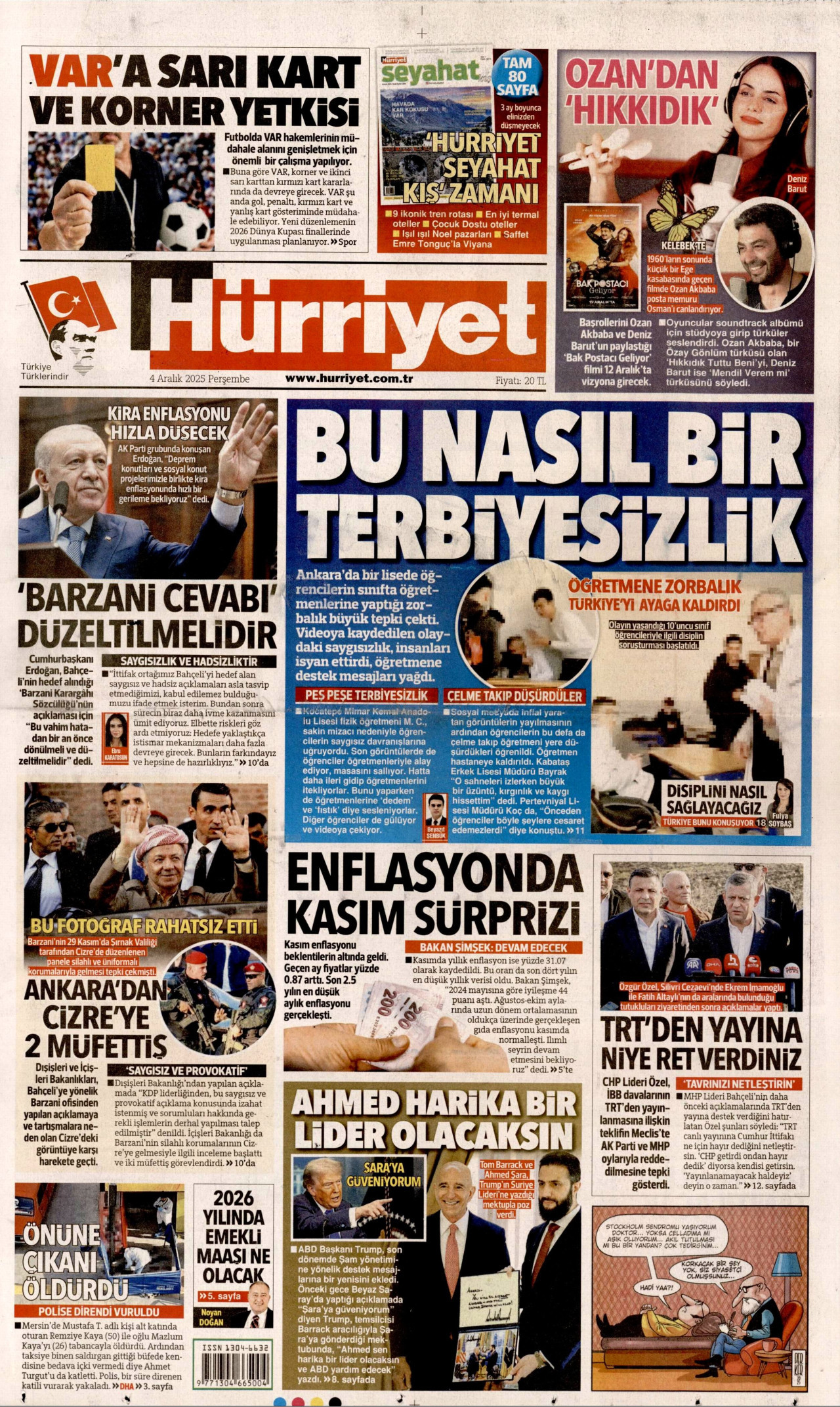 HÜRRİYET gazetesinin 4 Aralık 2025 tarihli birinci sayfası