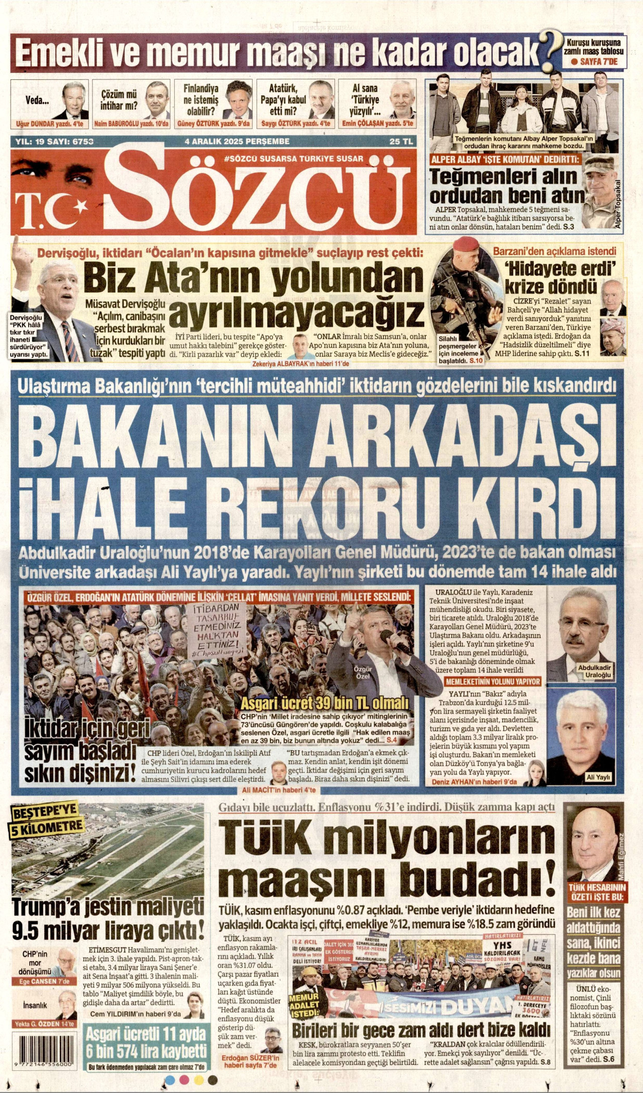SÖZCÜ gazetesinin 4 Aralık 2025 tarihli birinci sayfası