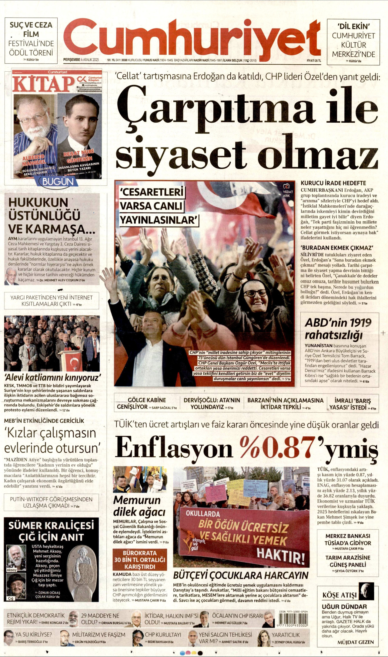 CUMHURİYET gazetesinin 4 Aralık 2025 tarihli birinci sayfası