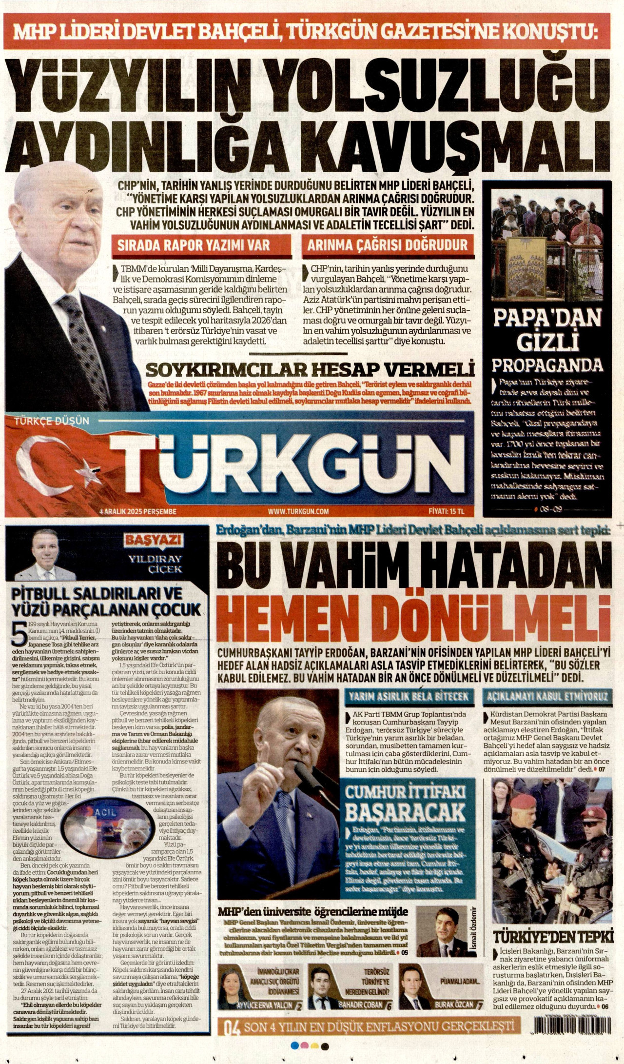 TÜRKGÜN gazetesinin 4 Aralık 2025 tarihli birinci sayfası