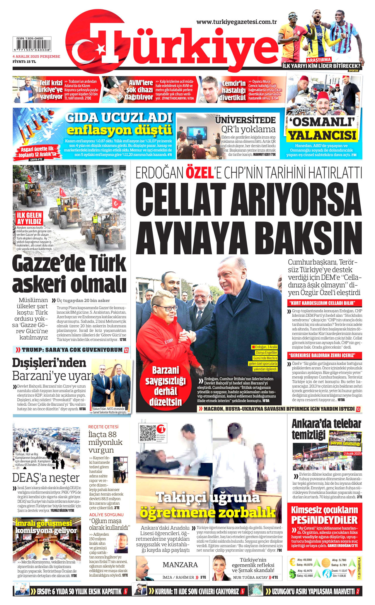 TÜRKİYE GAZETESİ gazetesinin 4 Aralık 2025 tarihli birinci sayfası