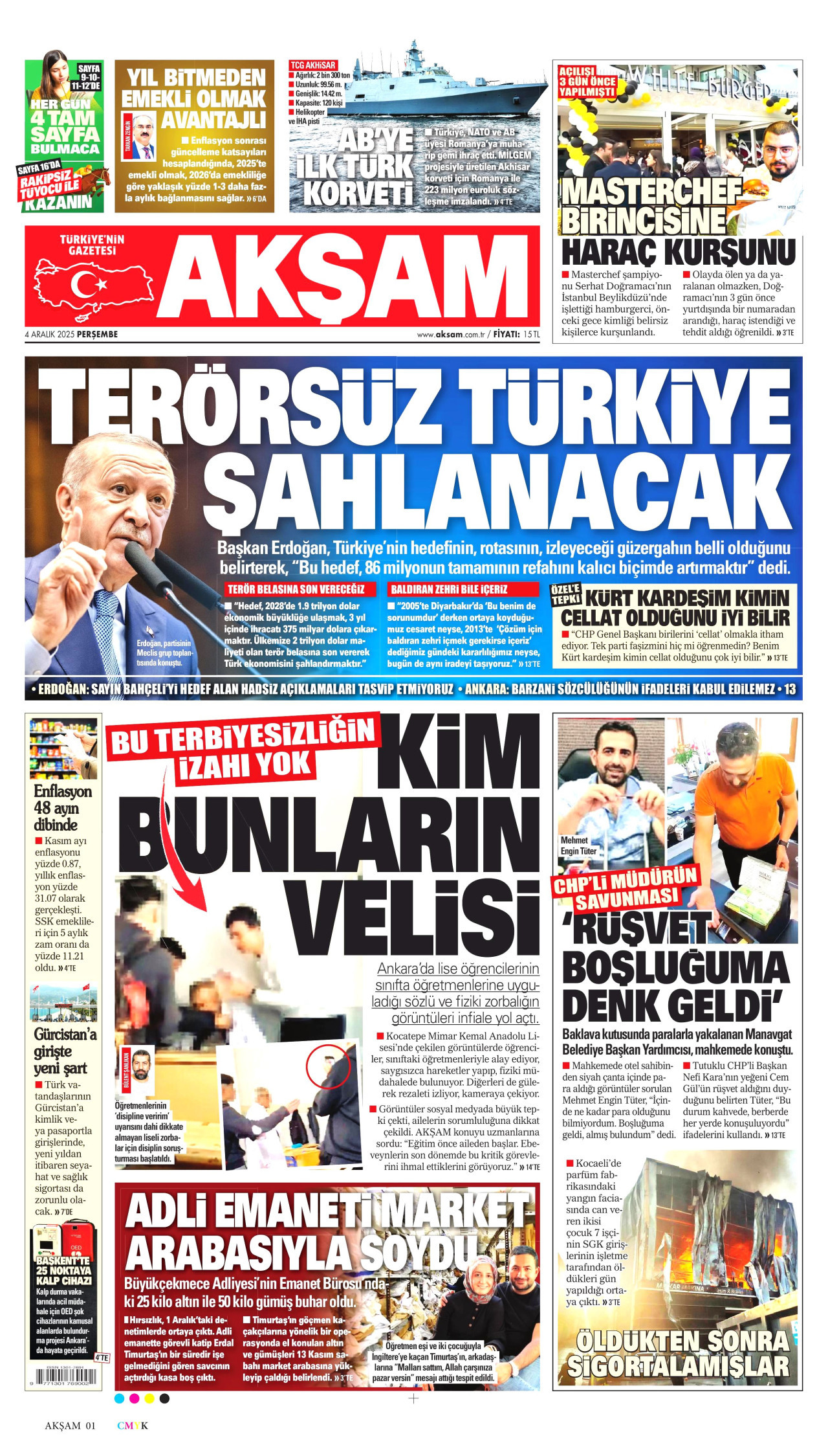 AKŞAM gazetesinin 4 Aralık 2025 tarihli birinci sayfası