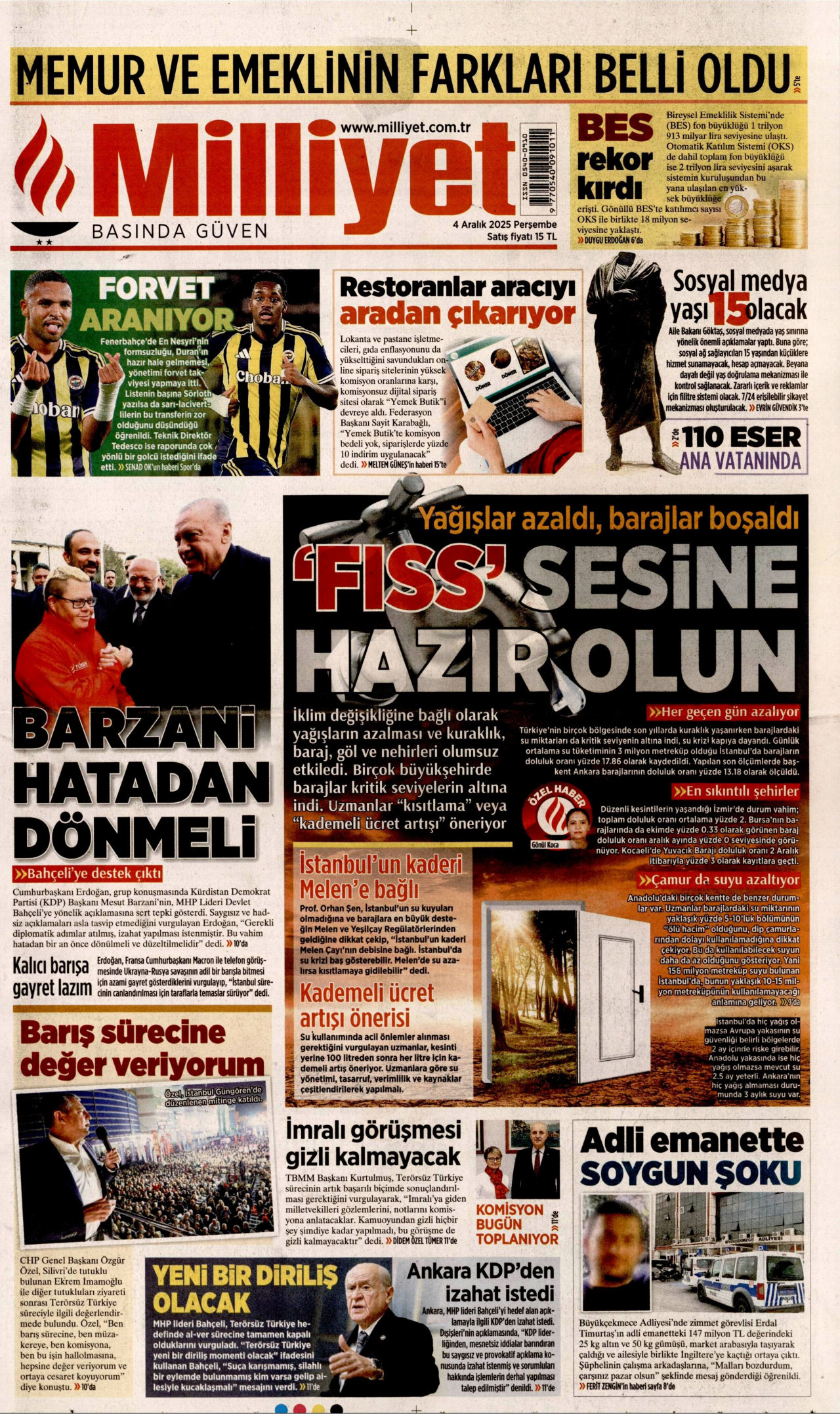 MİLLİYET gazetesinin 4 Aralık 2025 tarihli birinci sayfası