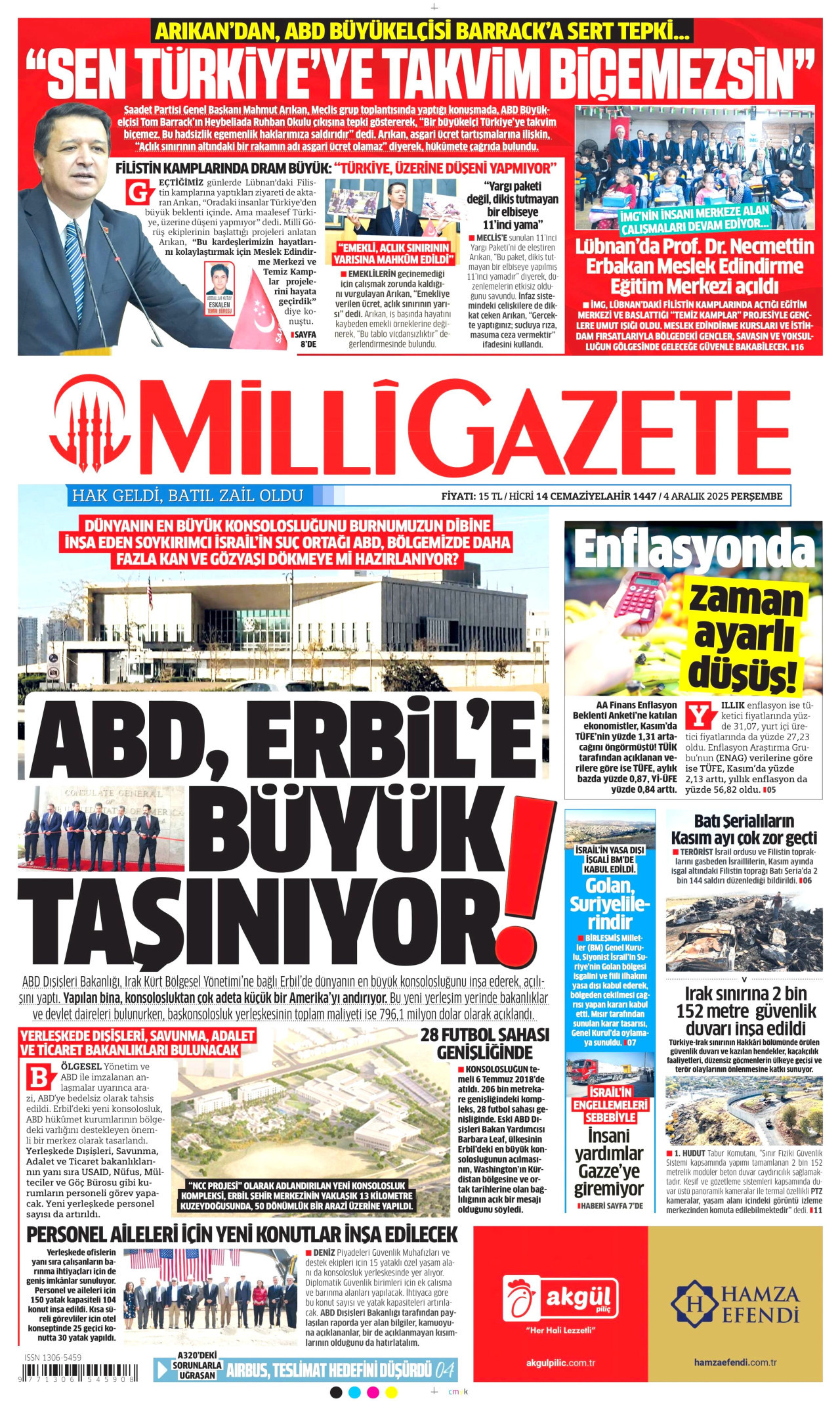MİLLİ GAZETE gazetesinin 4 Aralık 2025 tarihli birinci sayfası