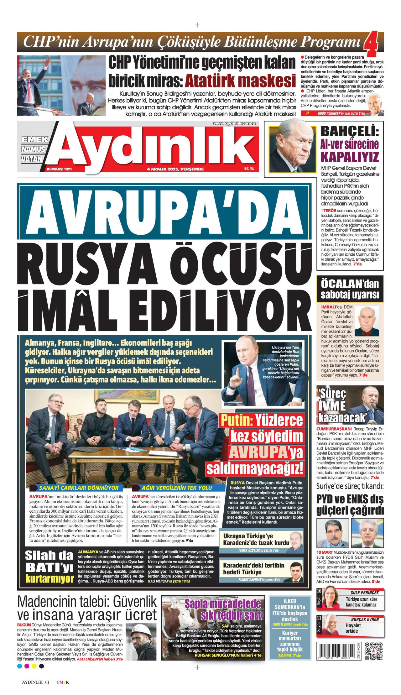 AYDINLIK GAZETESİ gazetesinin 4 Aralık 2025 tarihli birinci sayfası
