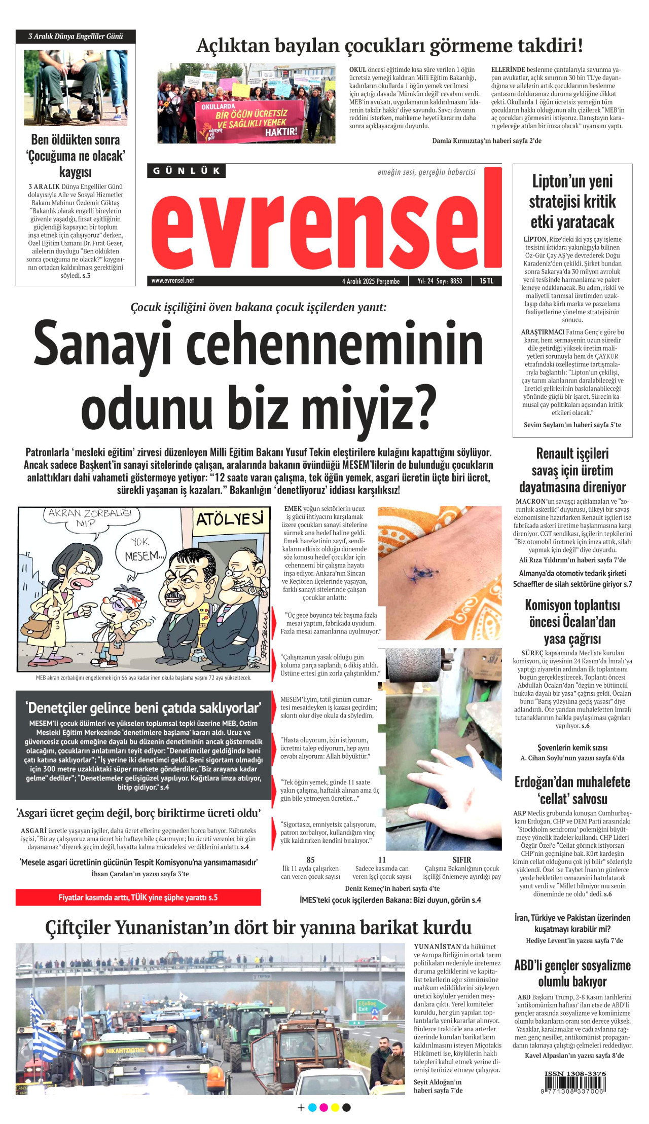 EVRENSEL gazetesinin 4 Aralık 2025 tarihli birinci sayfası