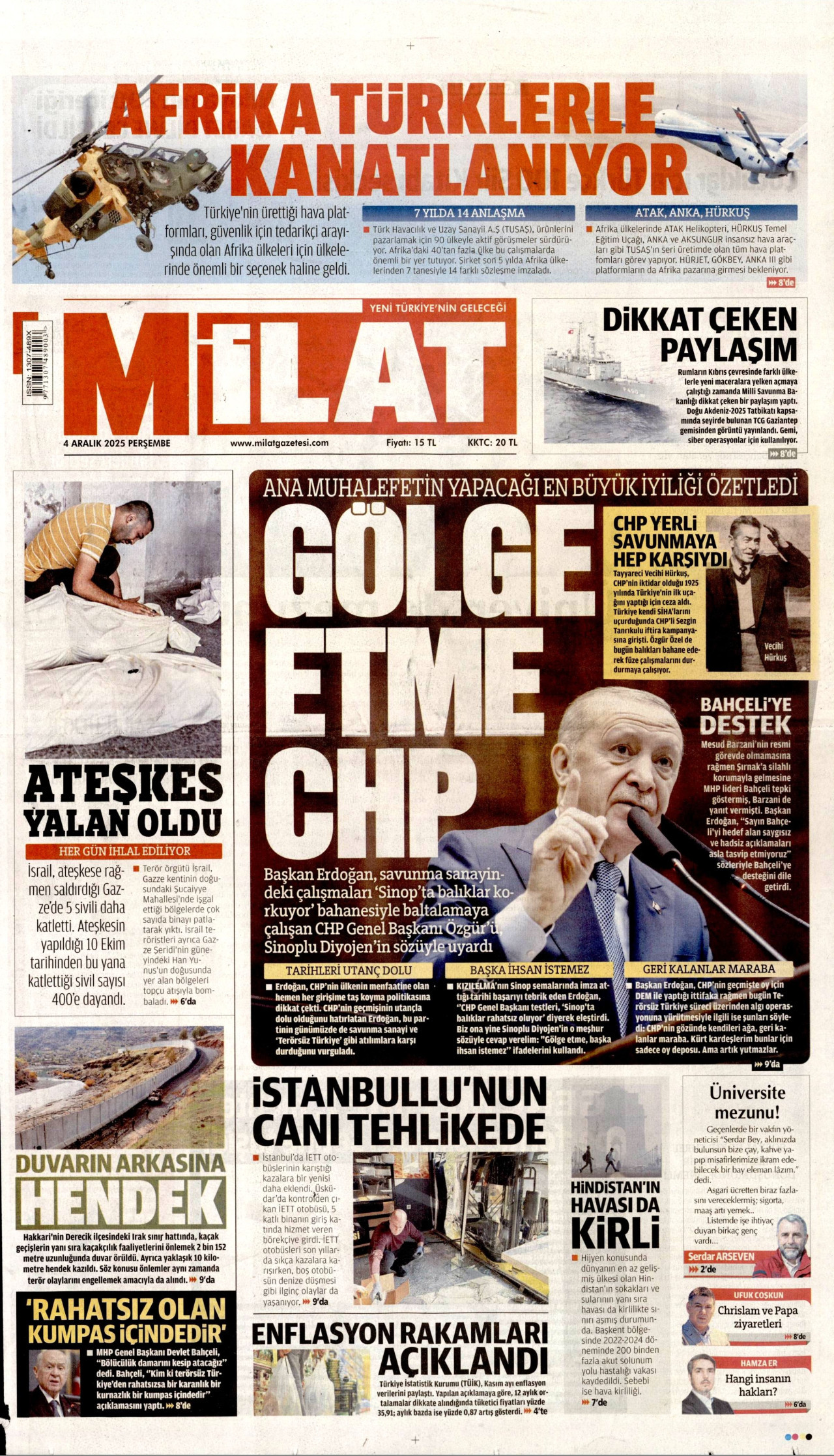 MİLAT gazetesinin 4 Aralık 2025 tarihli birinci sayfası