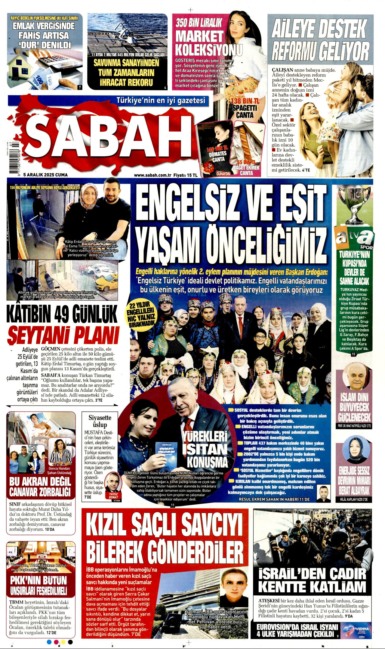 SABAH gazetesinin 5 Aralık 2025 tarihli birinci sayfası