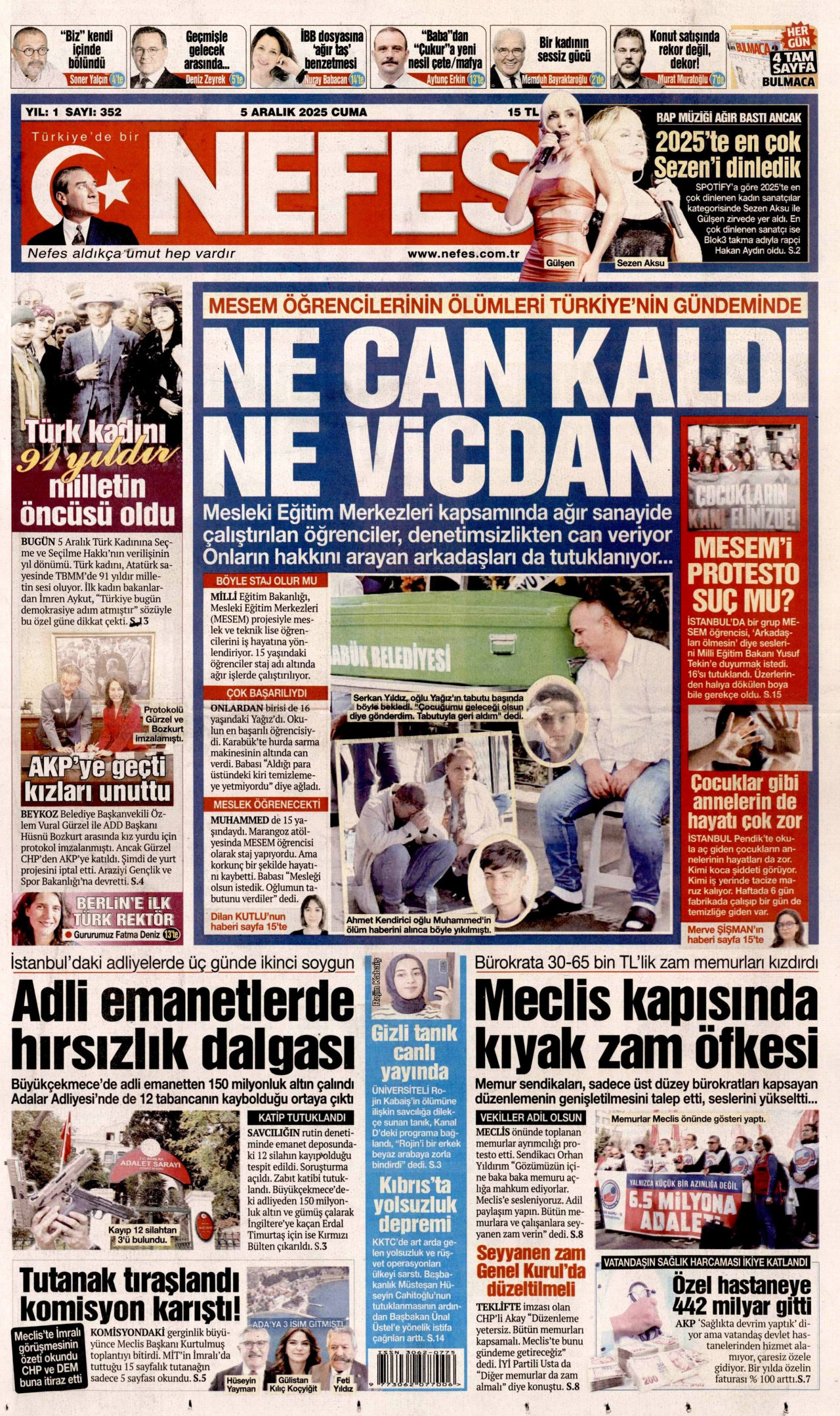 NEFES gazetesinin 5 Aralık 2025 tarihli birinci sayfası