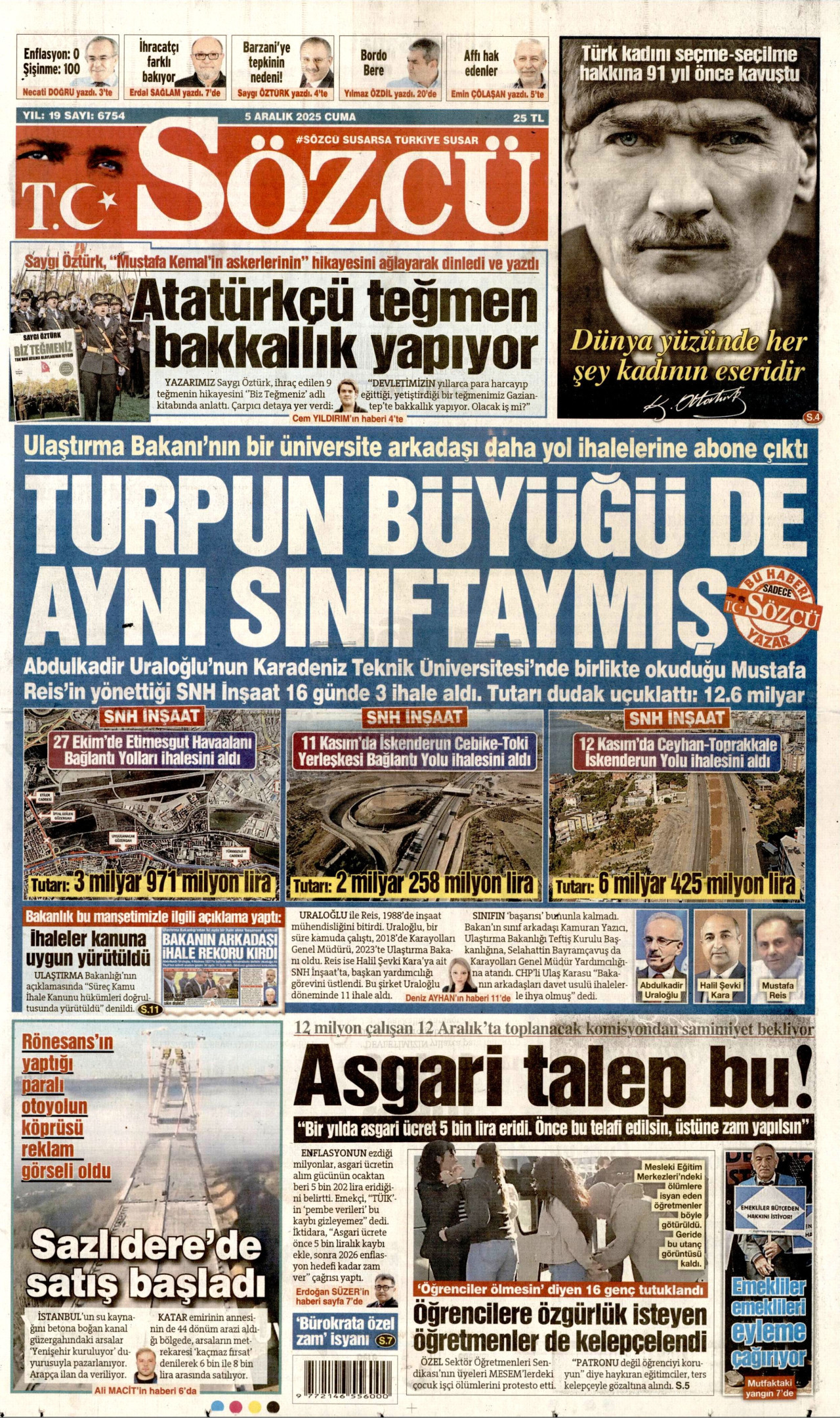 SÖZCÜ gazetesinin 5 Aralık 2025 tarihli birinci sayfası