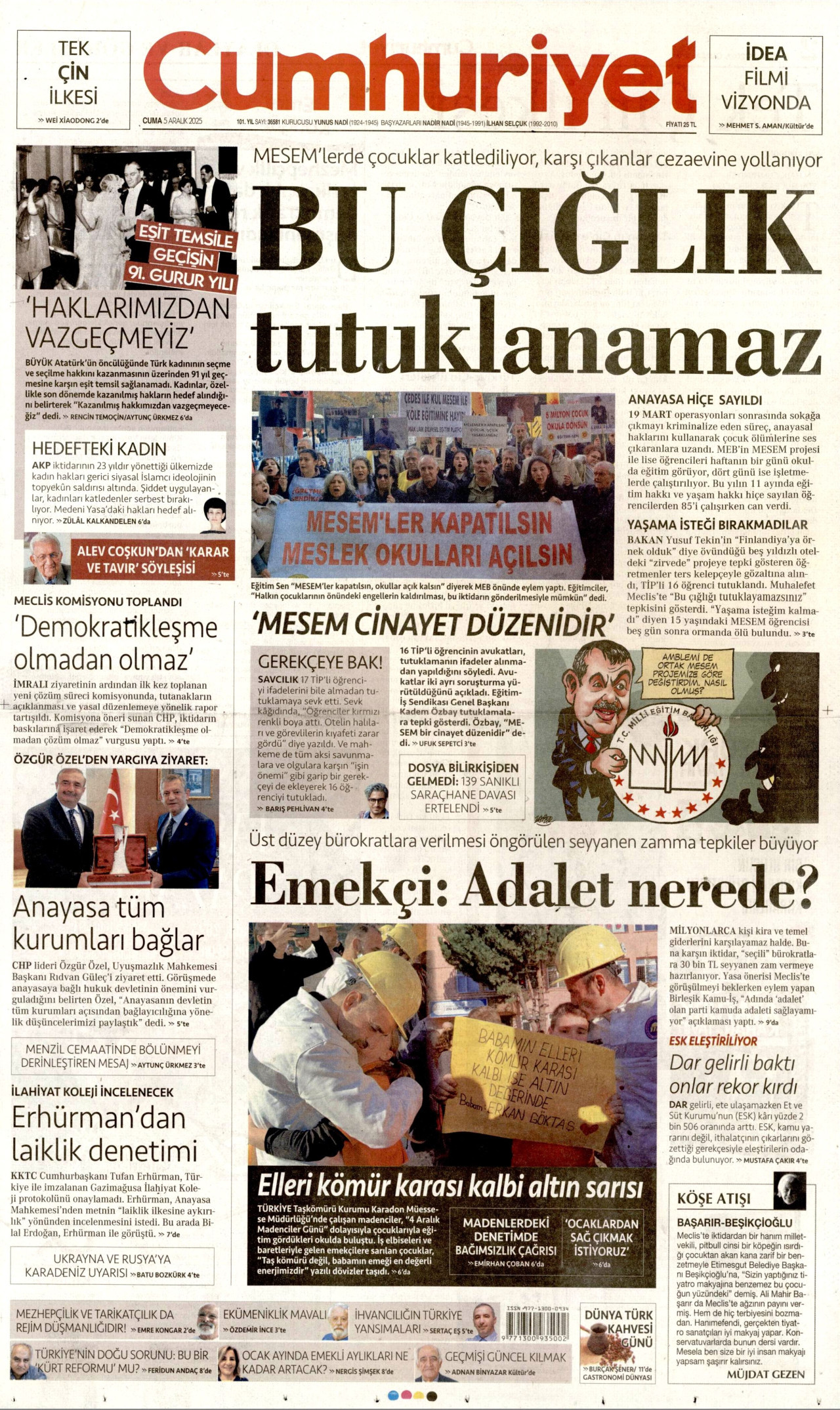 CUMHURİYET gazetesinin 5 Aralık 2025 tarihli birinci sayfası