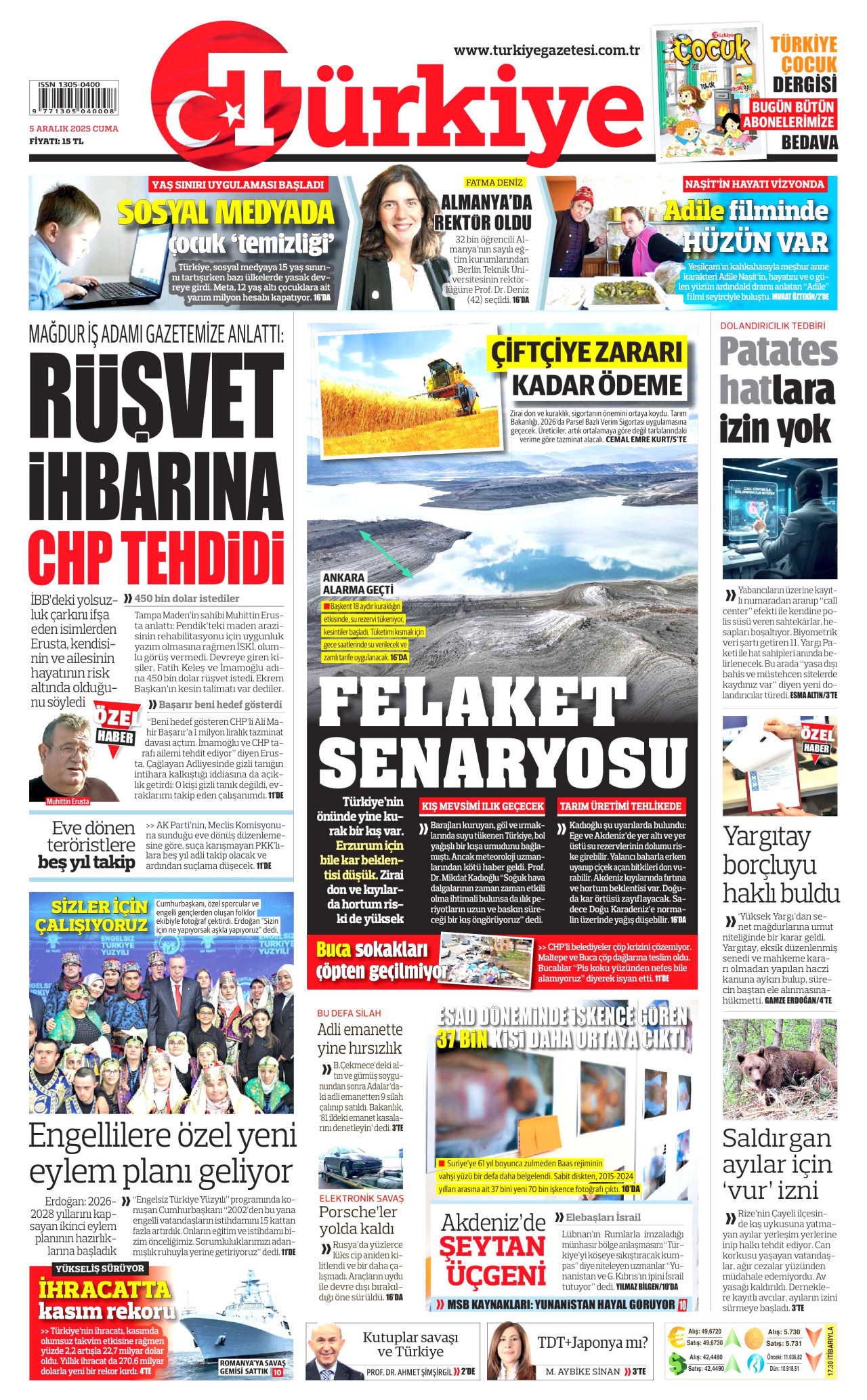 TÜRKİYE GAZETESİ gazetesinin 5 Aralık 2025 tarihli birinci sayfası
