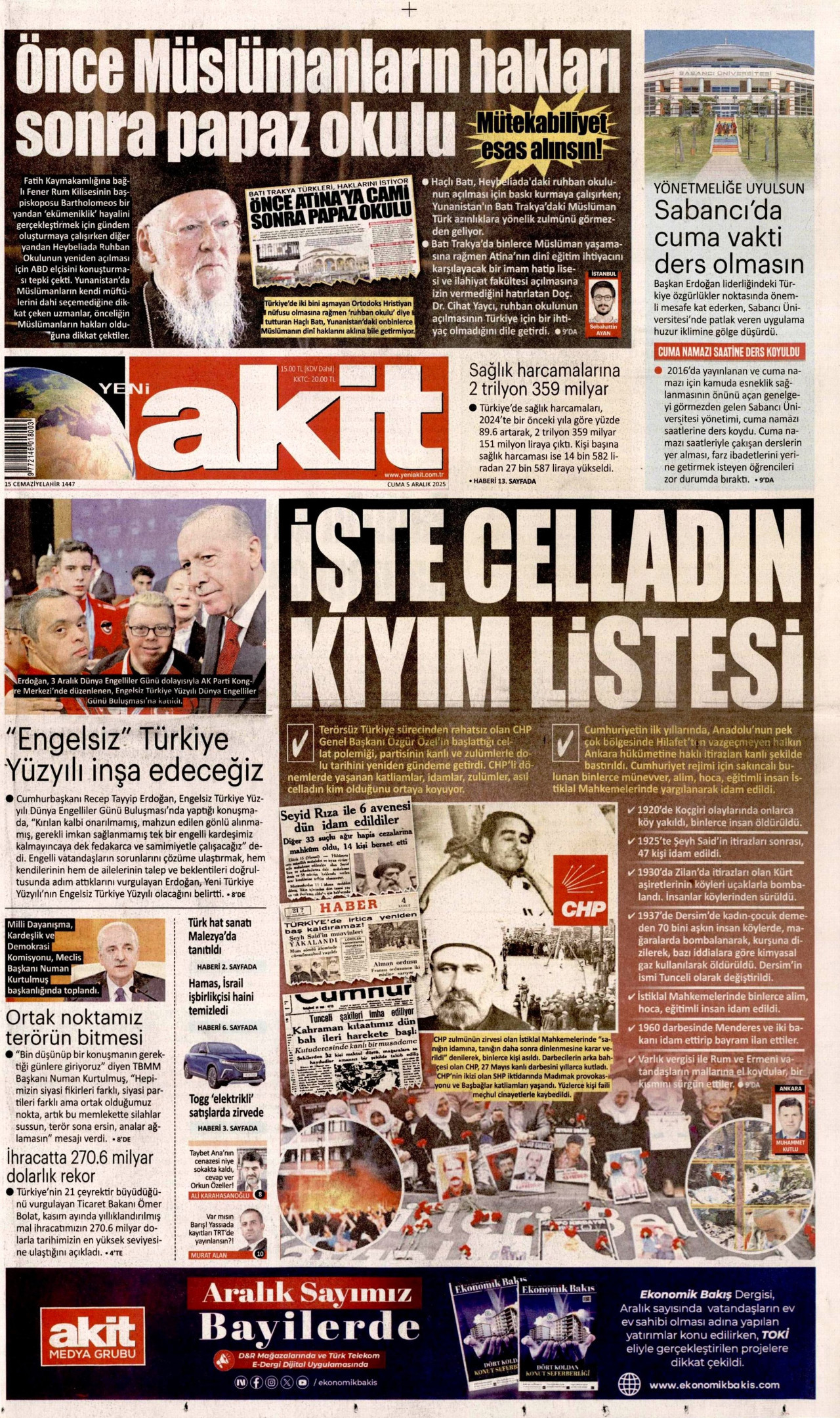 YENİ AKİT gazetesinin 5 Aralık 2025 tarihli birinci sayfası