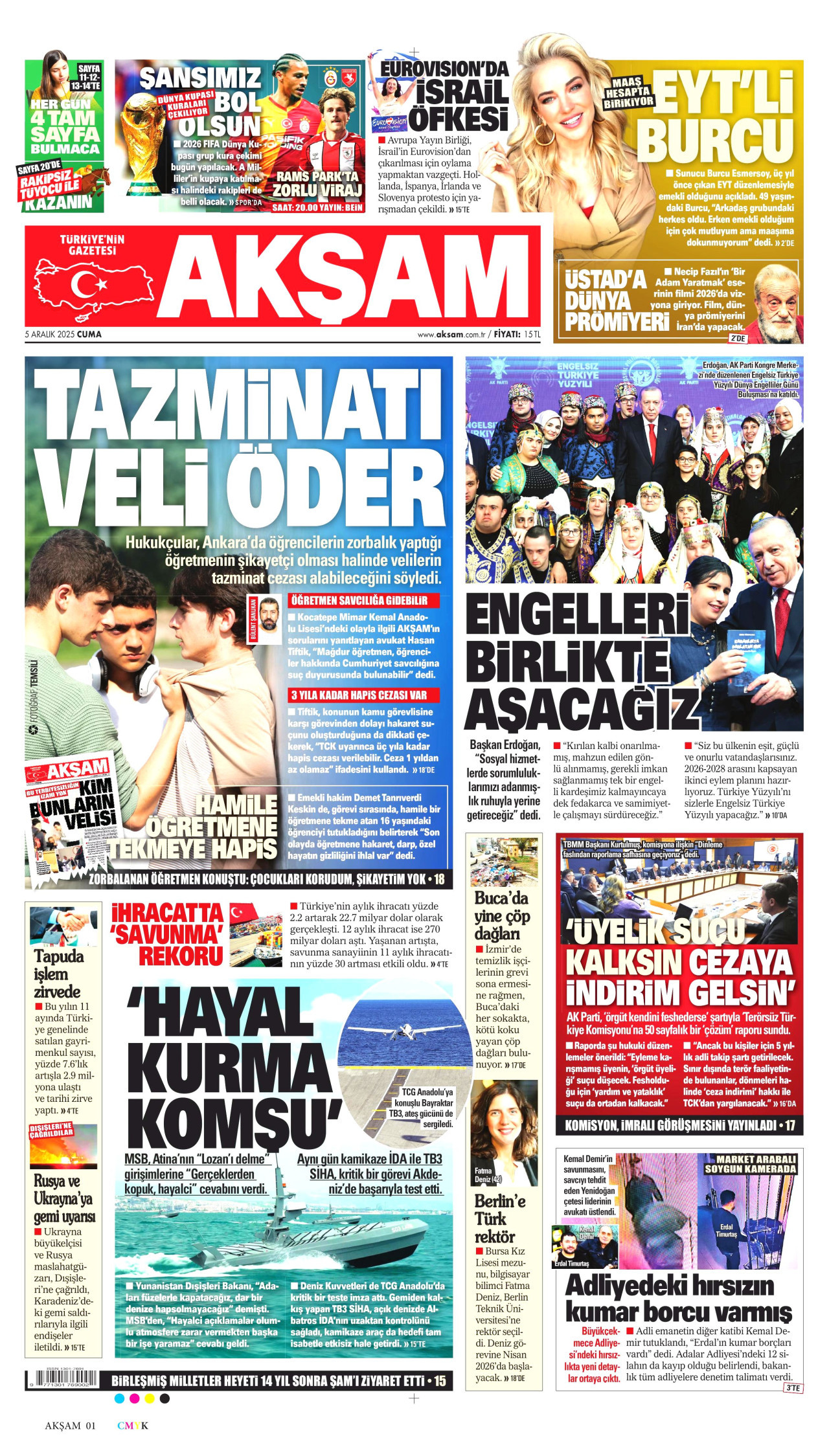 AKŞAM gazetesinin 5 Aralık 2025 tarihli birinci sayfası
