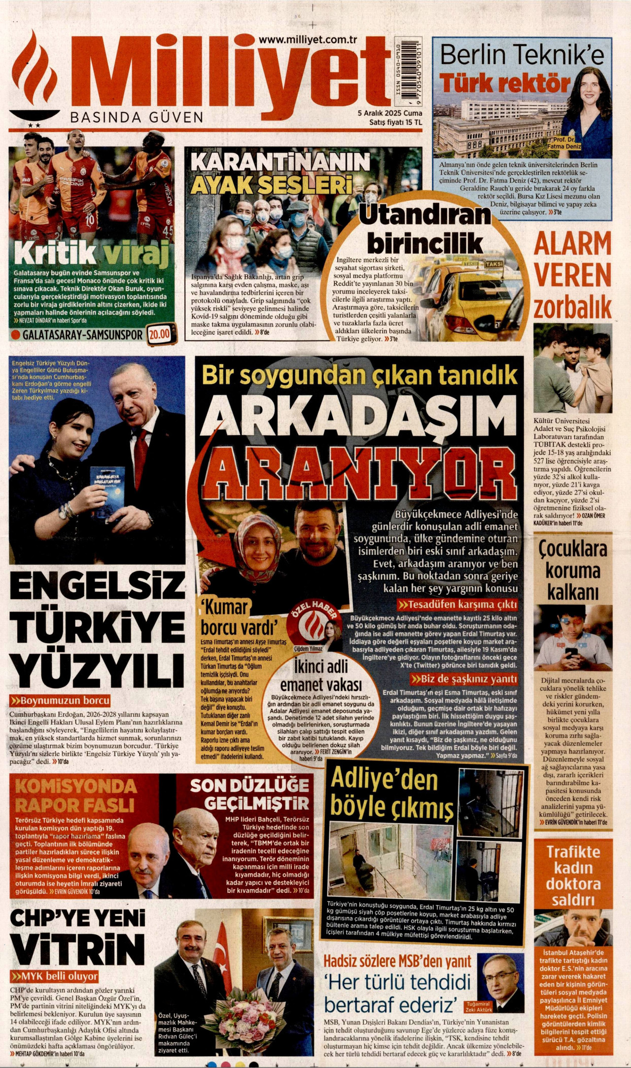 MİLLİYET gazetesinin 5 Aralık 2025 tarihli birinci sayfası