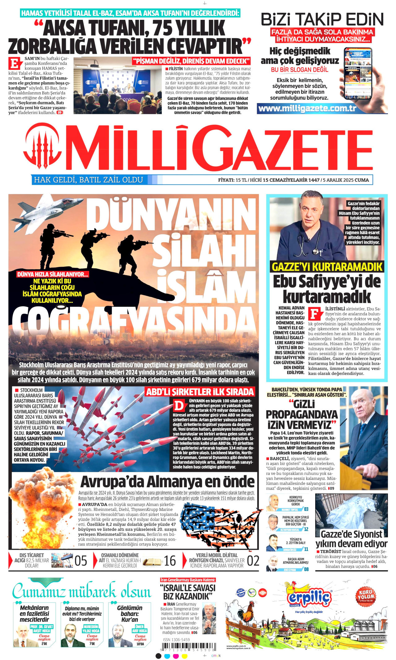 MİLLİ GAZETE gazetesinin 5 Aralık 2025 tarihli birinci sayfası