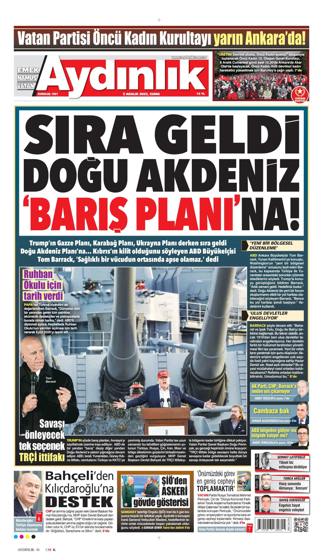 AYDINLIK GAZETESİ gazetesinin 5 Aralık 2025 tarihli birinci sayfası