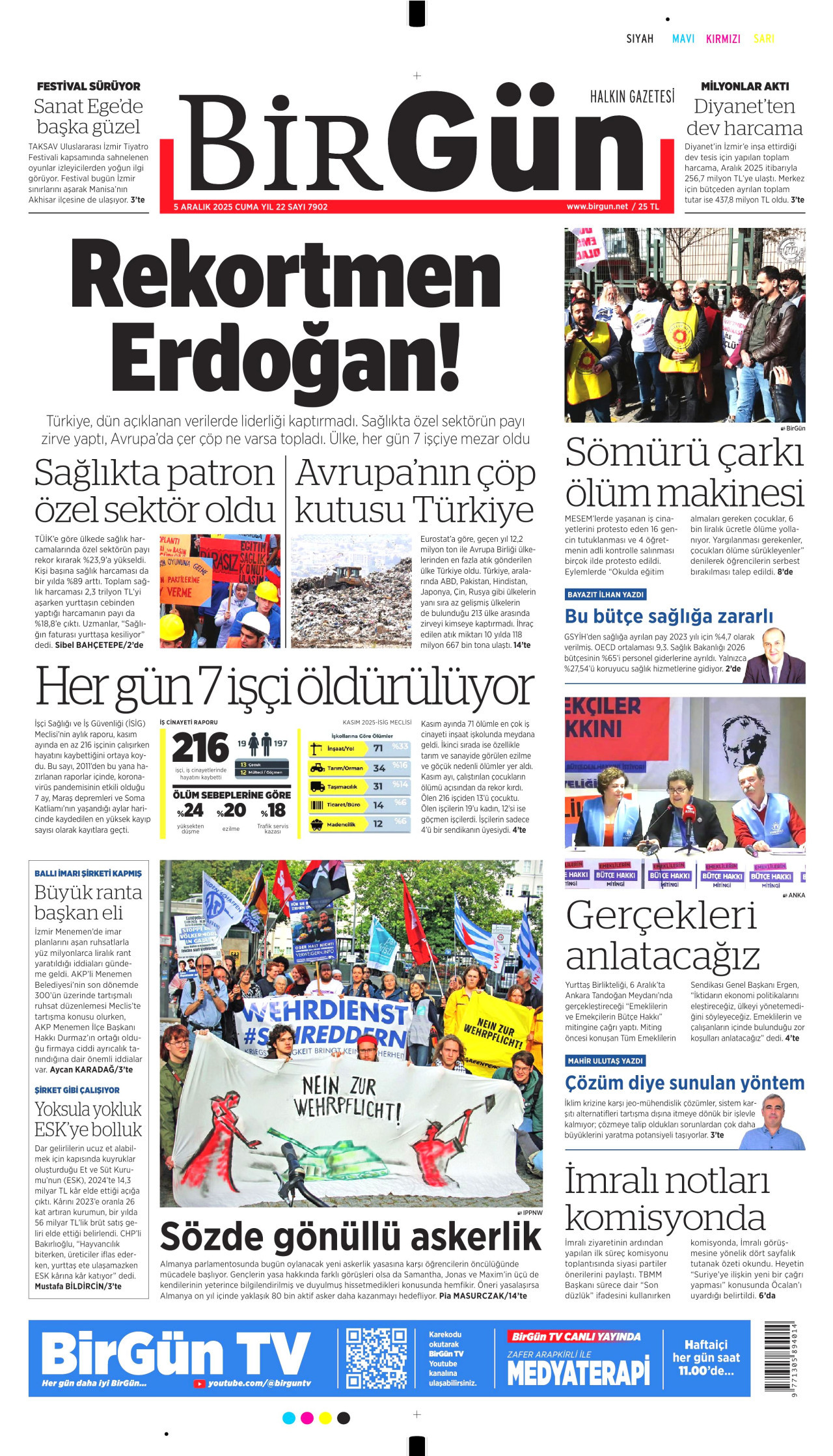 BİRGÜN gazetesinin 5 Aralık 2025 tarihli birinci sayfası