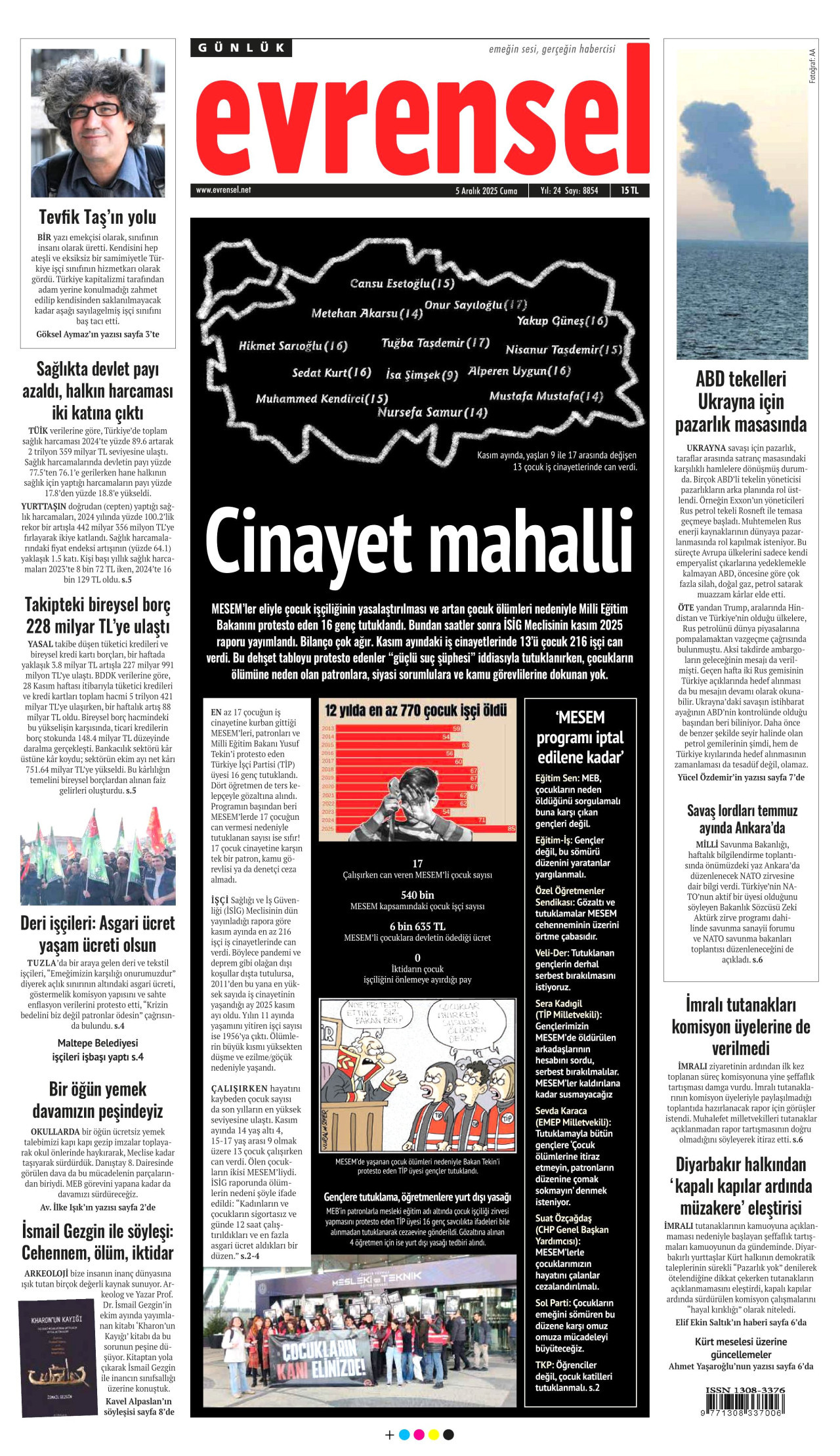 EVRENSEL gazetesinin 5 Aralık 2025 tarihli birinci sayfası