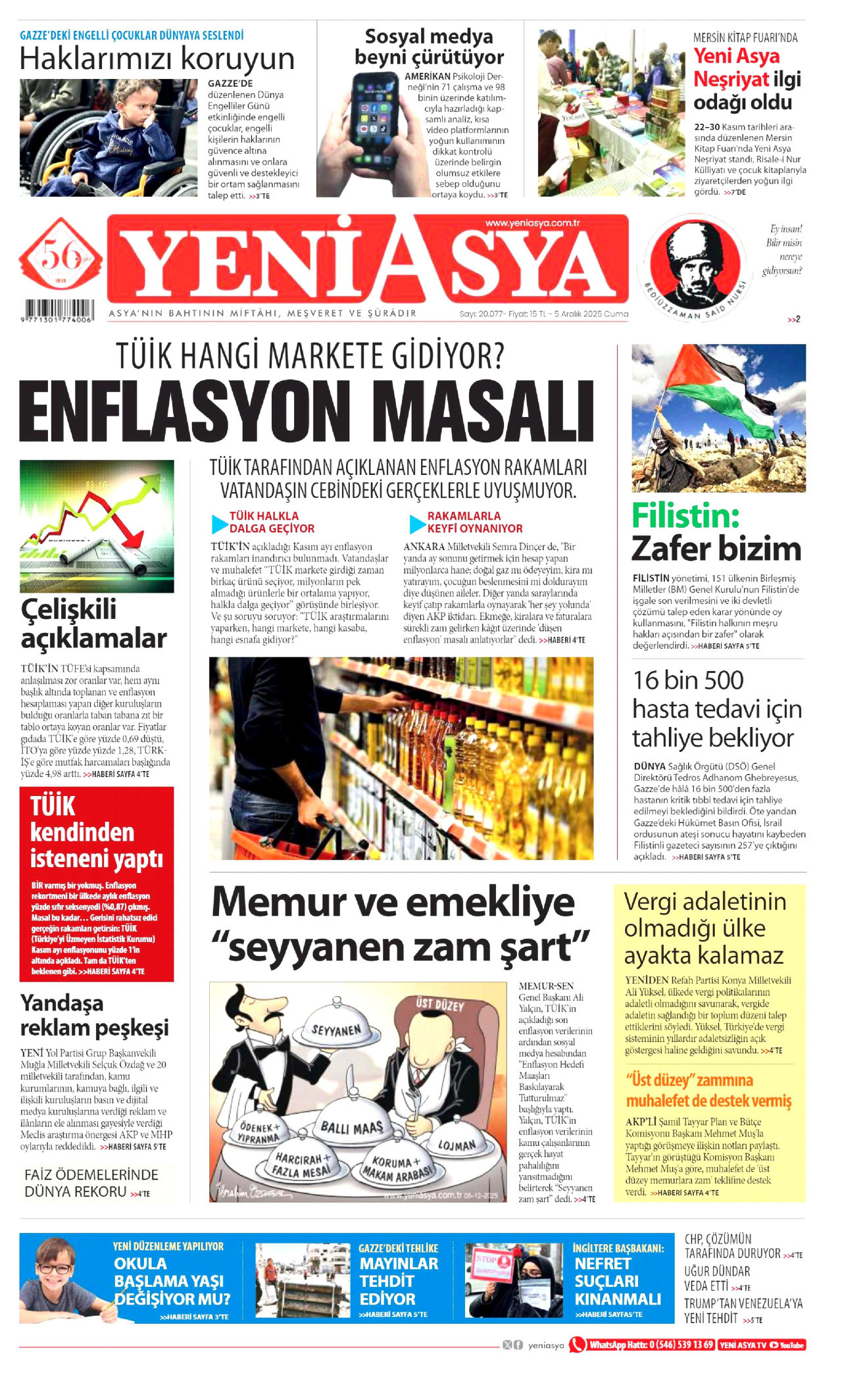 YENİ ASYA gazetesinin 5 Aralık 2025 tarihli birinci sayfası