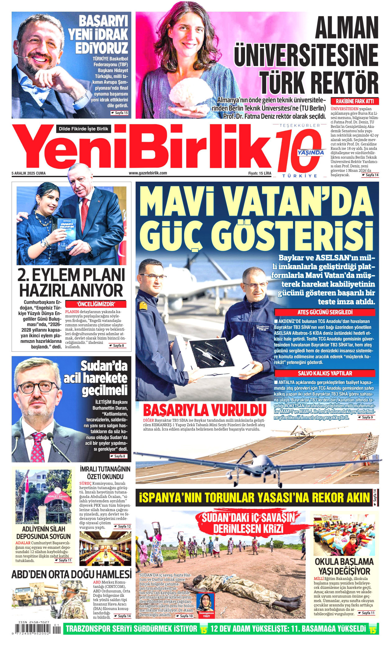 YENİBİRLİK gazetesinin 5 Aralık 2025 tarihli birinci sayfası