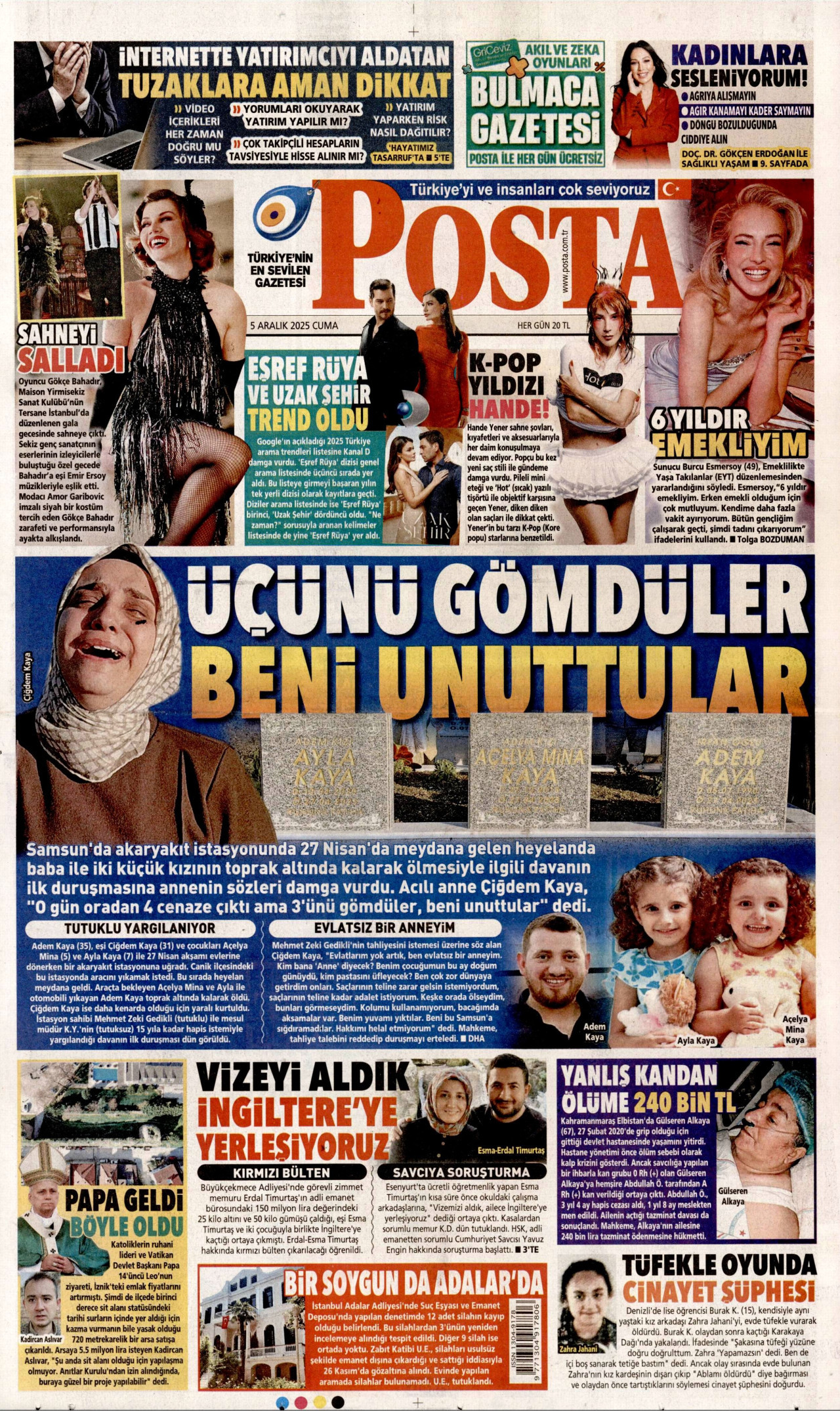 POSTA gazetesinin 5 Aralık 2025 tarihli birinci sayfası