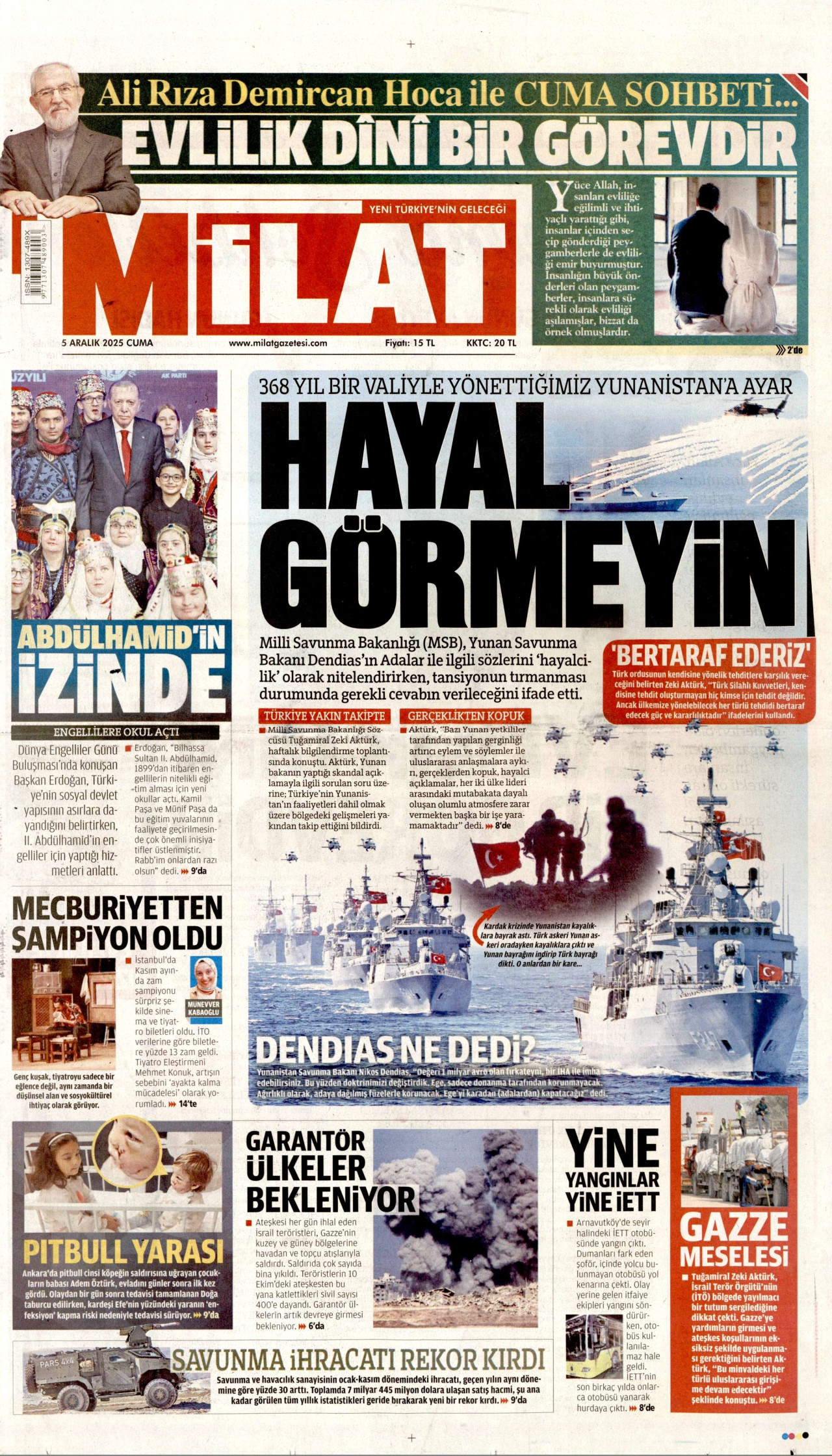 MİLAT gazetesinin 5 Aralık 2025 tarihli birinci sayfası