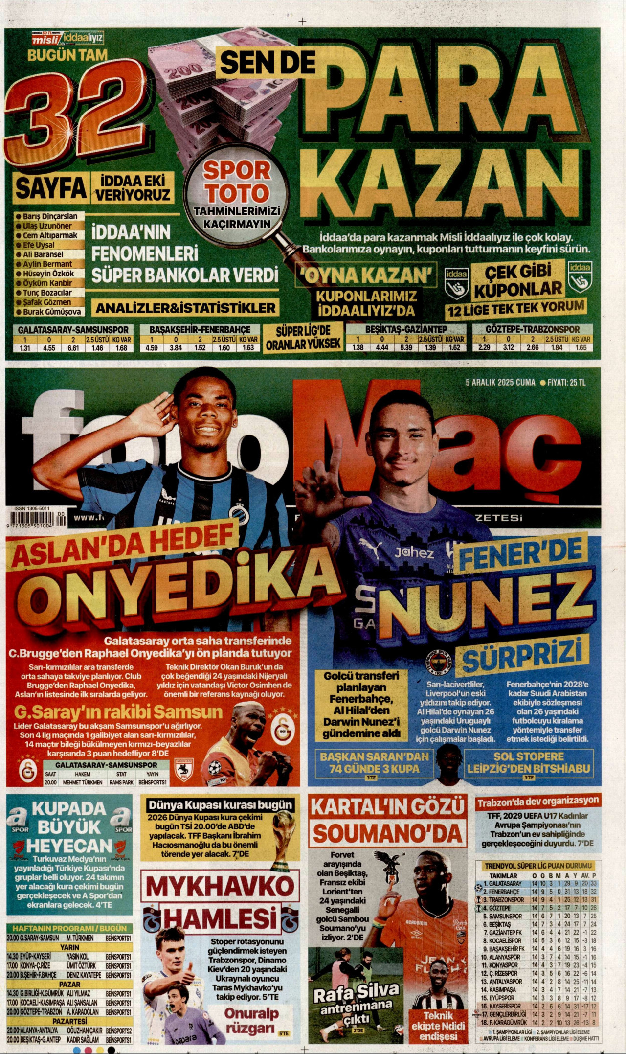 FOTOMAÇ gazetesinin 5 Aralık 2025 tarihli birinci sayfası