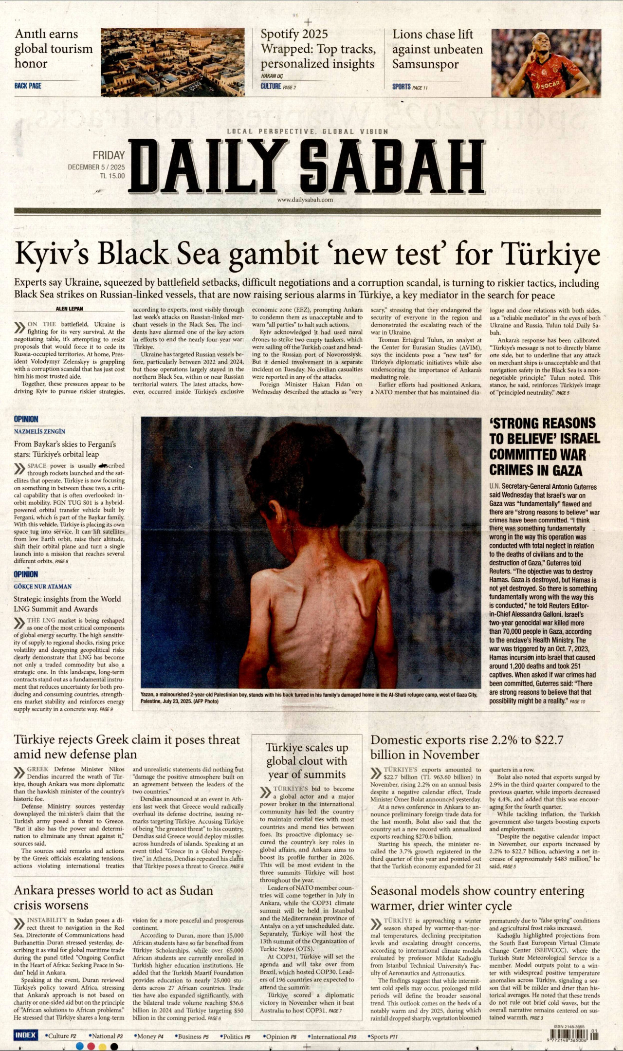 DAİLY SABAH gazetesinin 5 Aralık 2025 tarihli birinci sayfası