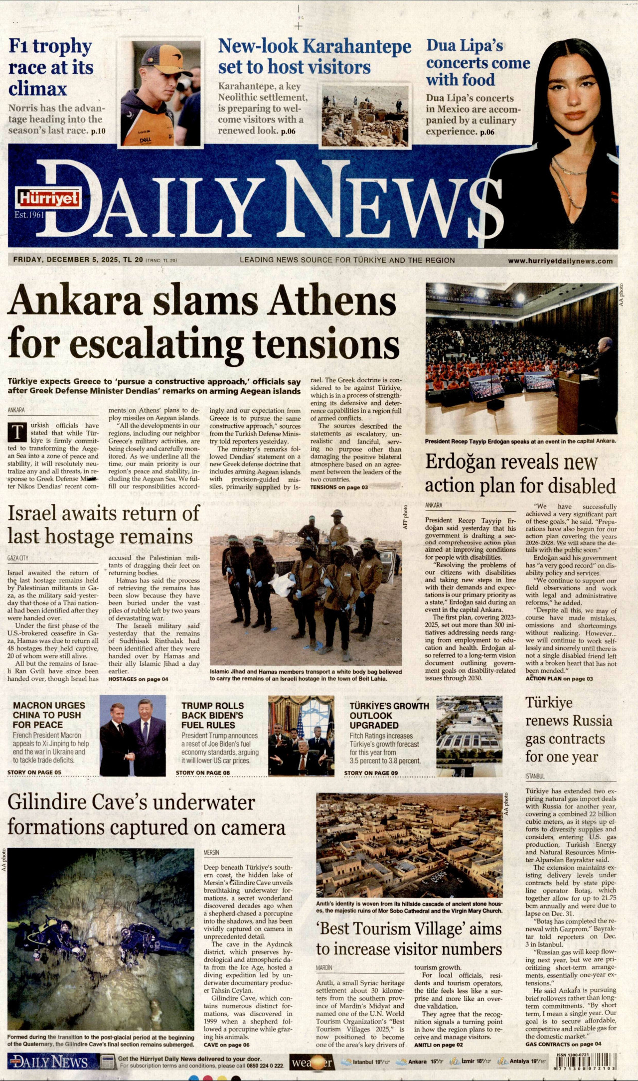 HÜRRİYET DAİLY NEWS gazetesinin 5 Aralık 2025 tarihli birinci sayfası