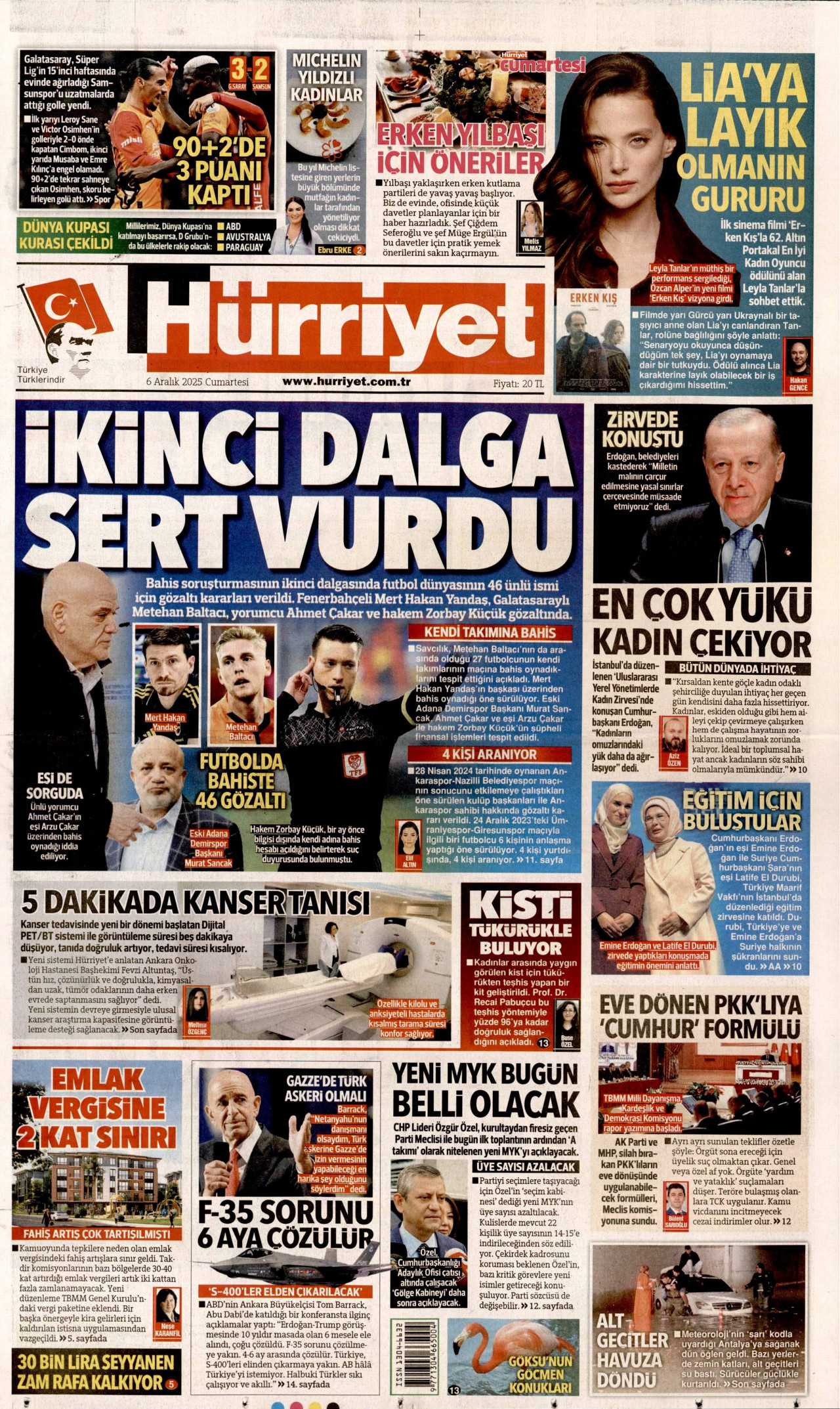 HÜRRİYET gazetesinin 6 Aralık 2025 tarihli birinci sayfası