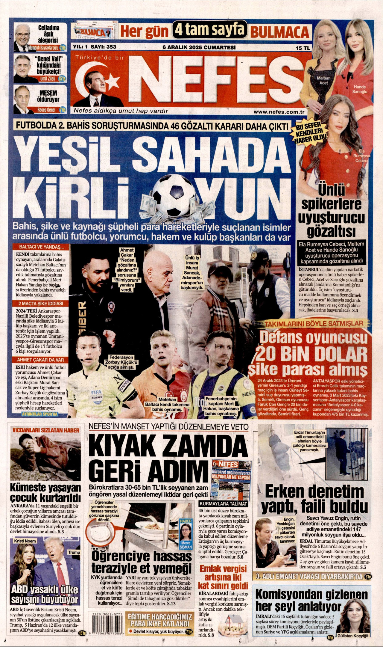 NEFES gazetesinin 6 Aralık 2025 tarihli birinci sayfası