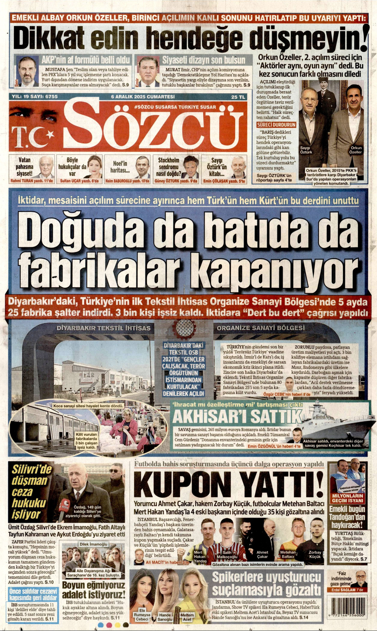SÖZCÜ gazetesinin 6 Aralık 2025 tarihli birinci sayfası