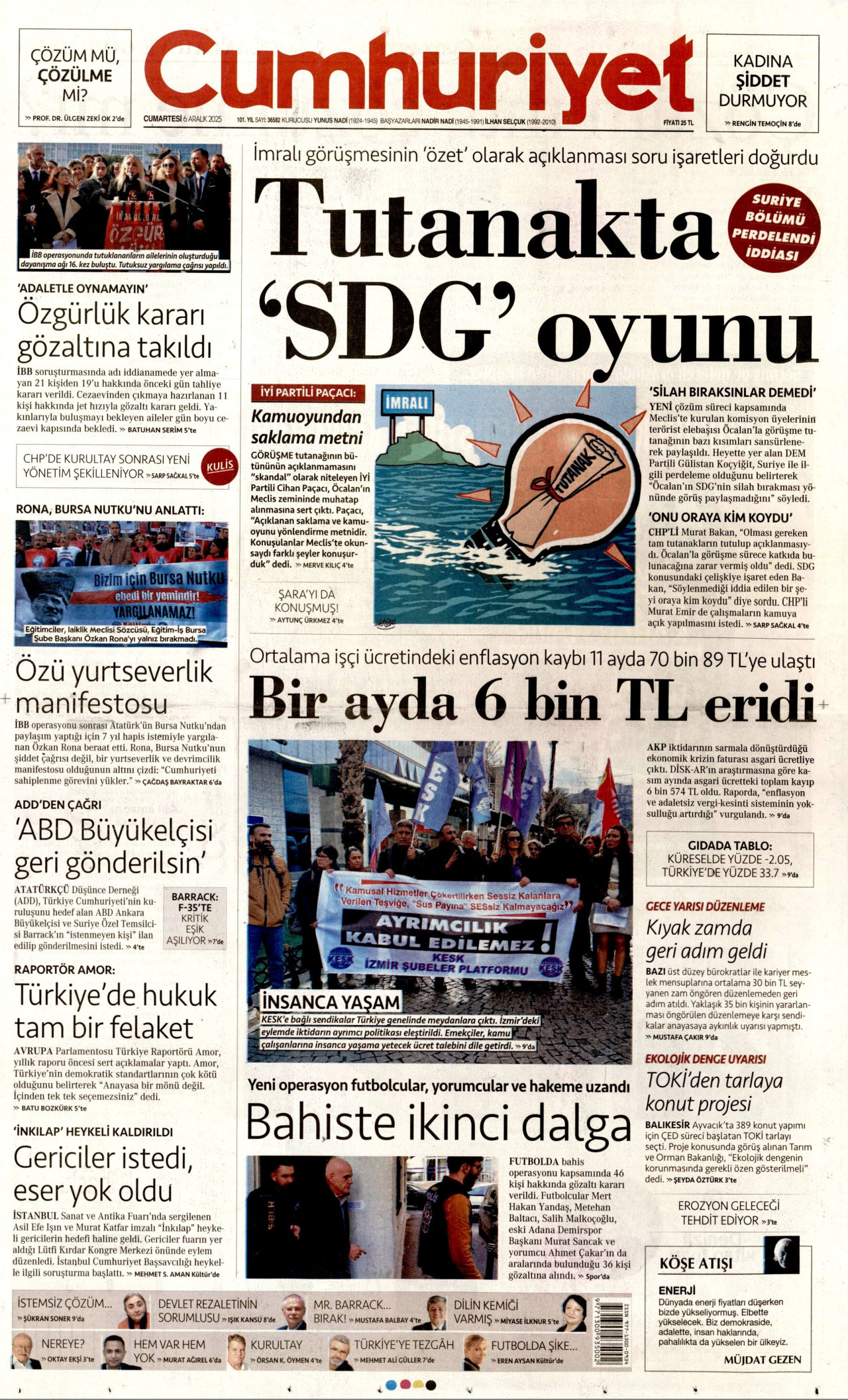 CUMHURİYET gazetesinin 6 Aralık 2025 tarihli birinci sayfası
