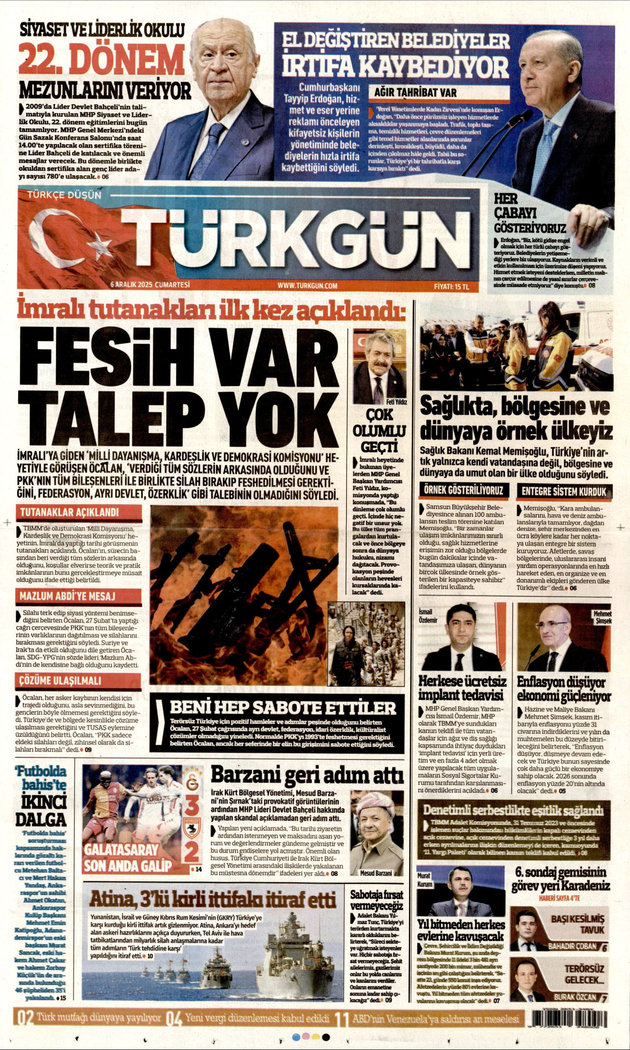 TÜRKGÜN gazetesinin 6 Aralık 2025 tarihli birinci sayfası