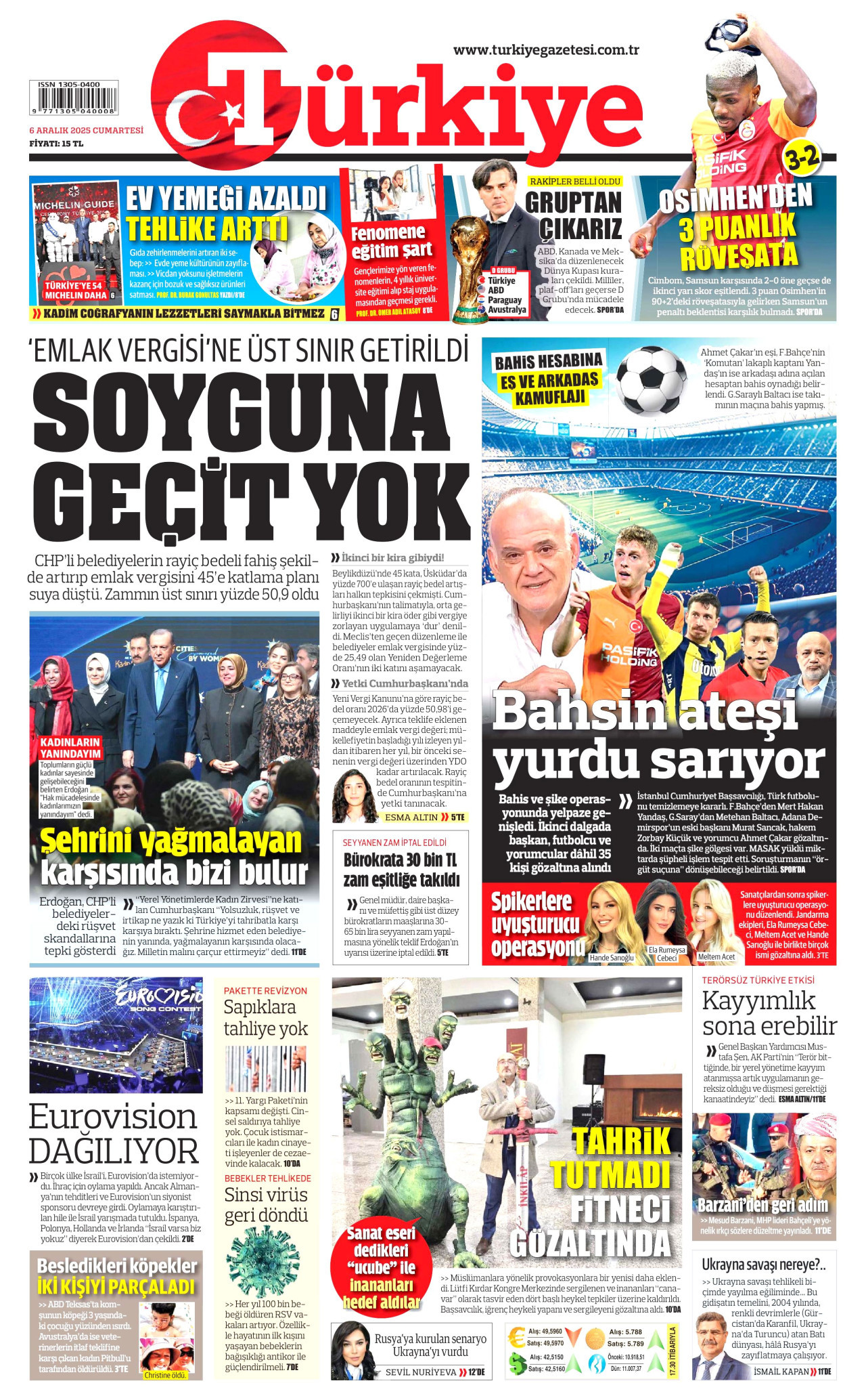 TÜRKİYE GAZETESİ gazetesinin 6 Aralık 2025 tarihli birinci sayfası