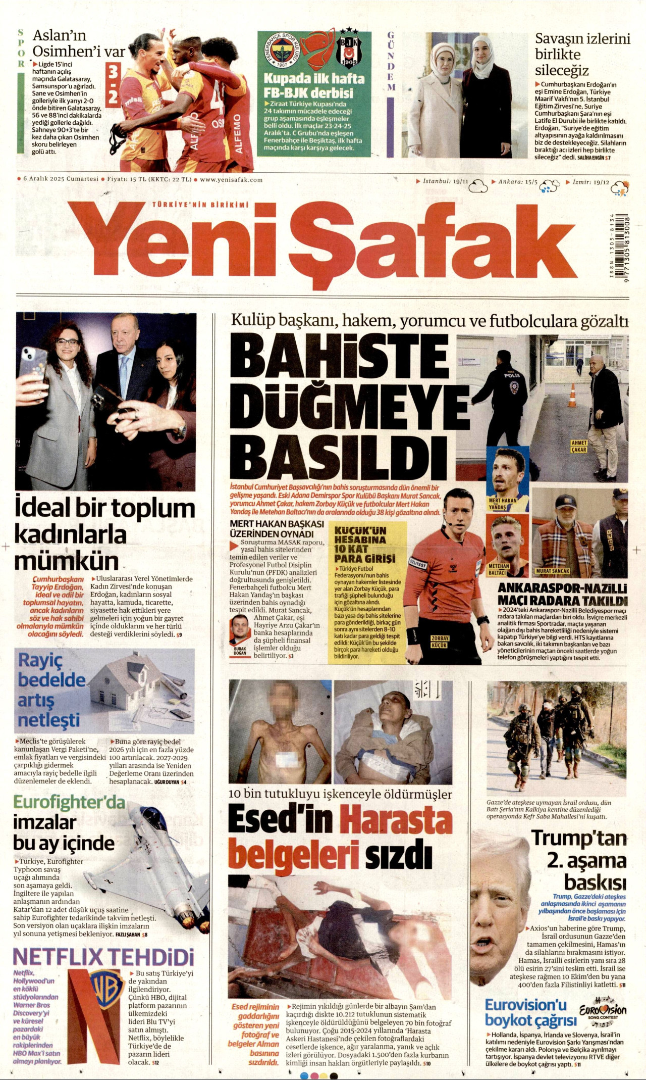YENİ ŞAFAK gazetesinin 6 Aralık 2025 tarihli birinci sayfası