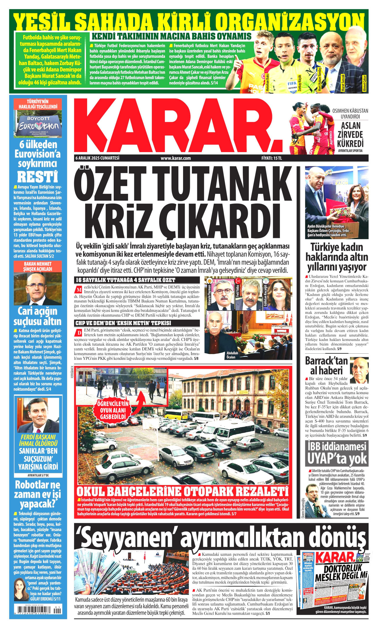 KARAR gazetesinin 6 Aralık 2025 tarihli birinci sayfası