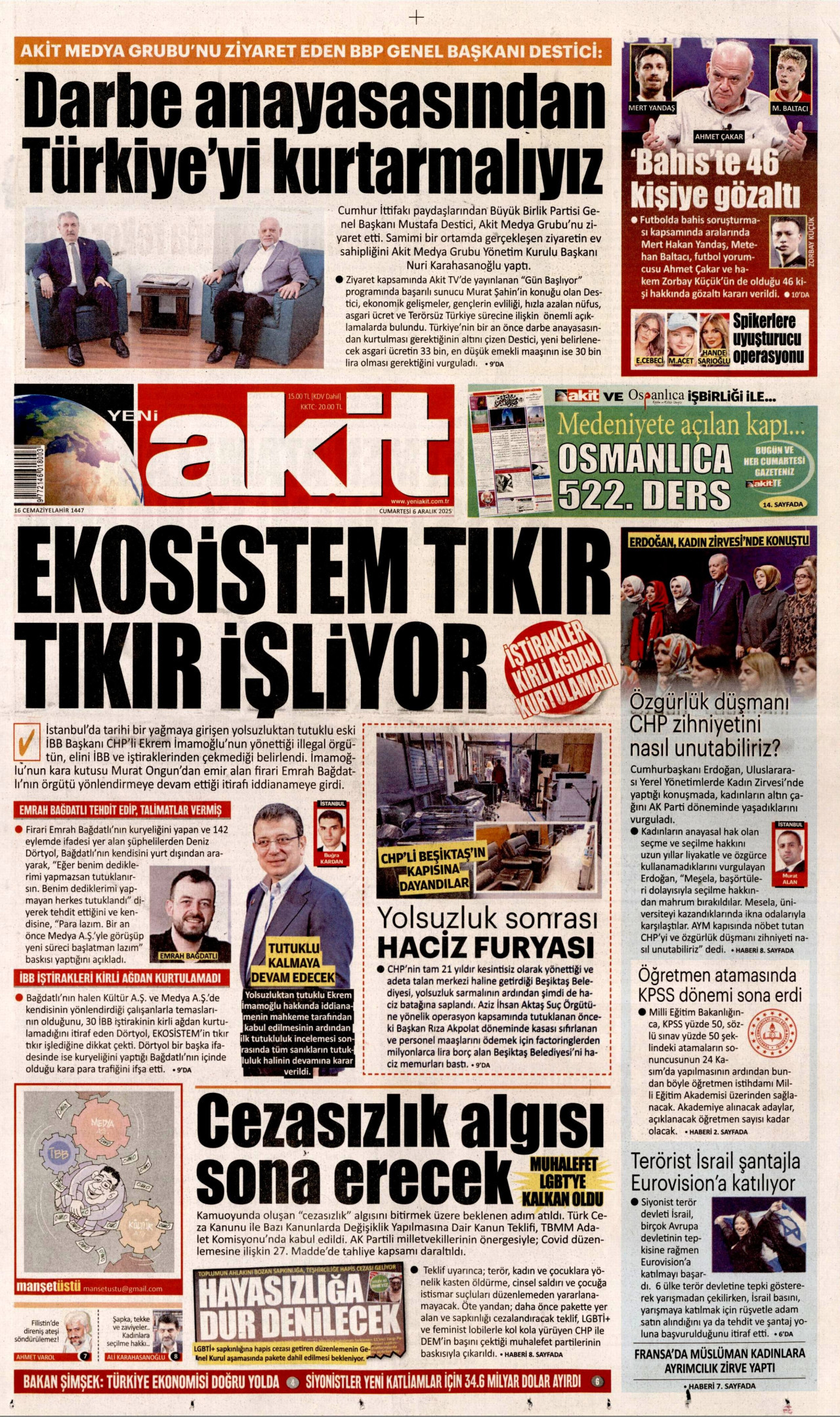 YENİ AKİT gazetesinin 6 Aralık 2025 tarihli birinci sayfası