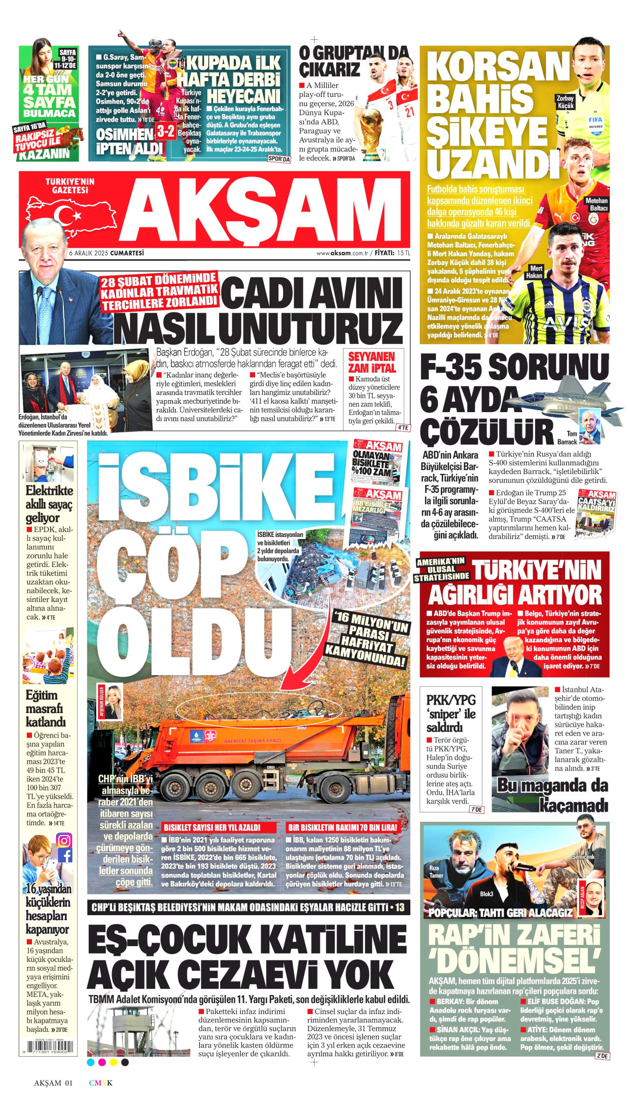 AKŞAM gazetesinin 6 Aralık 2025 tarihli birinci sayfası