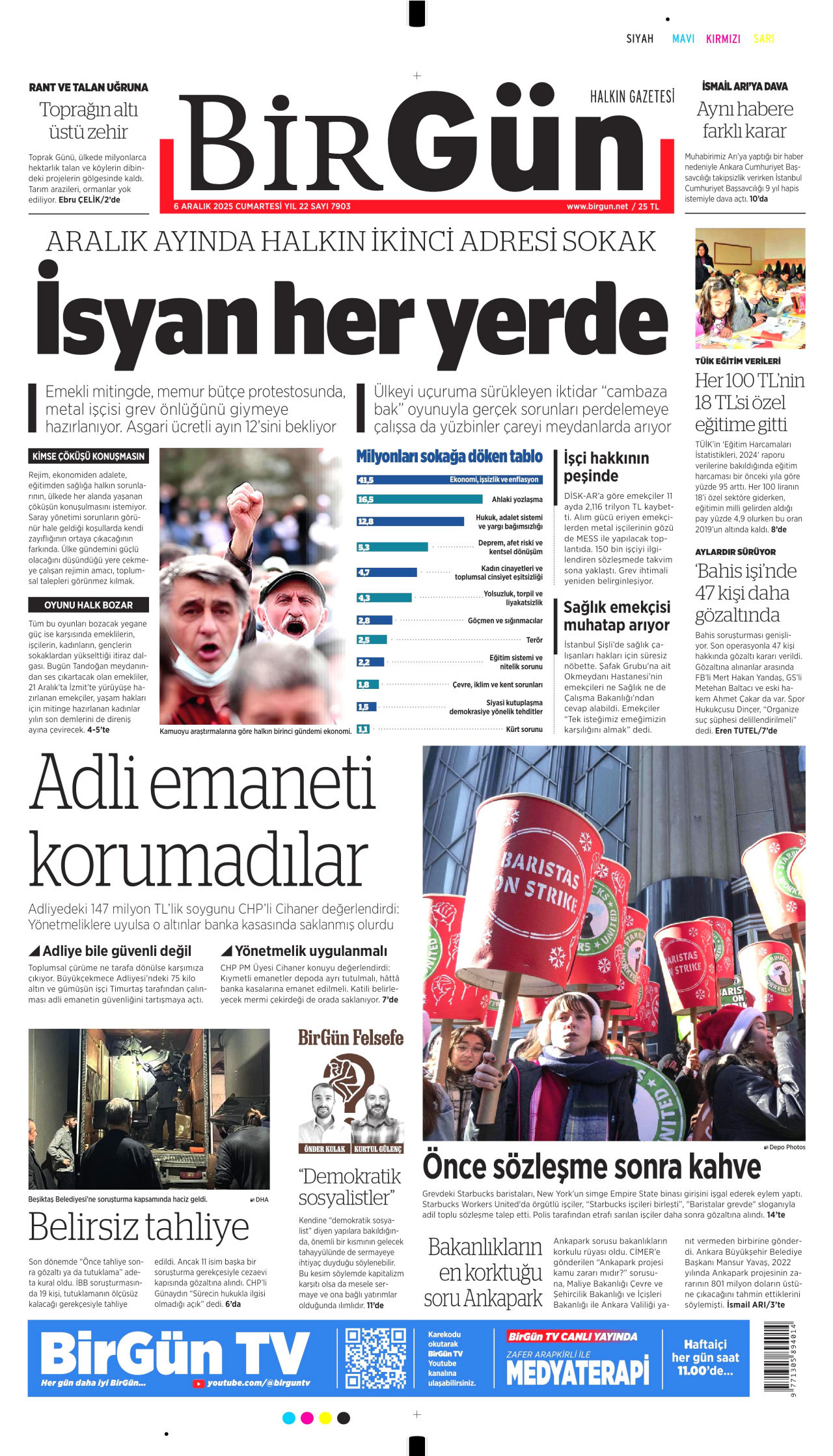 BİRGÜN gazetesinin 6 Aralık 2025 tarihli birinci sayfası