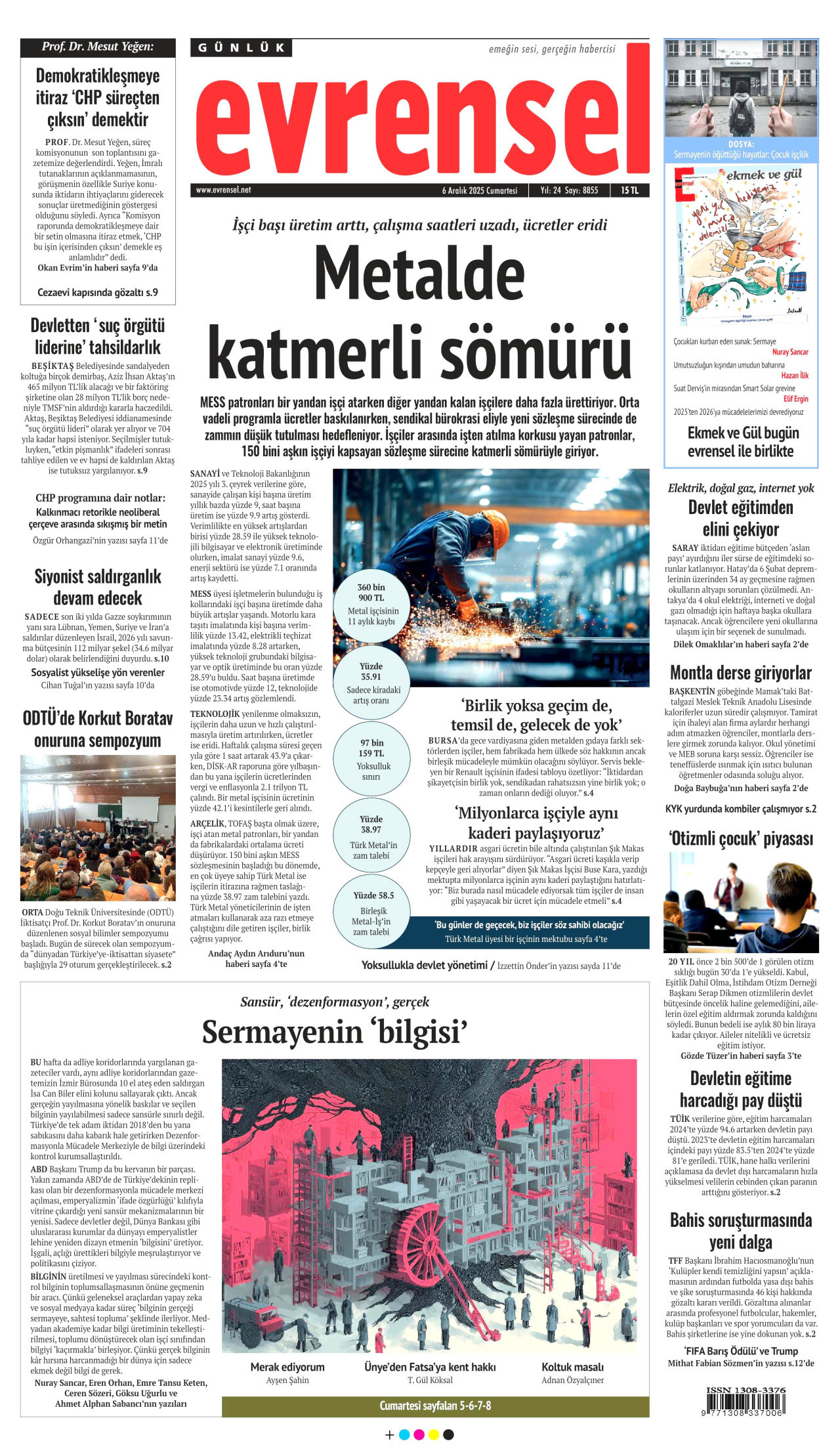 EVRENSEL gazetesinin 6 Aralık 2025 tarihli birinci sayfası