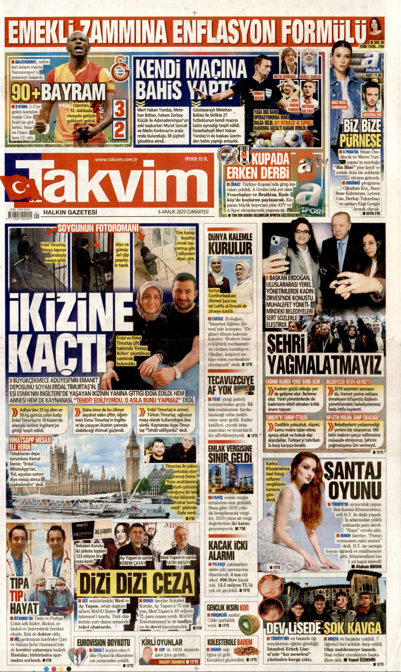 TAKVİM gazetesinin 6 Aralık 2025 tarihli birinci sayfası