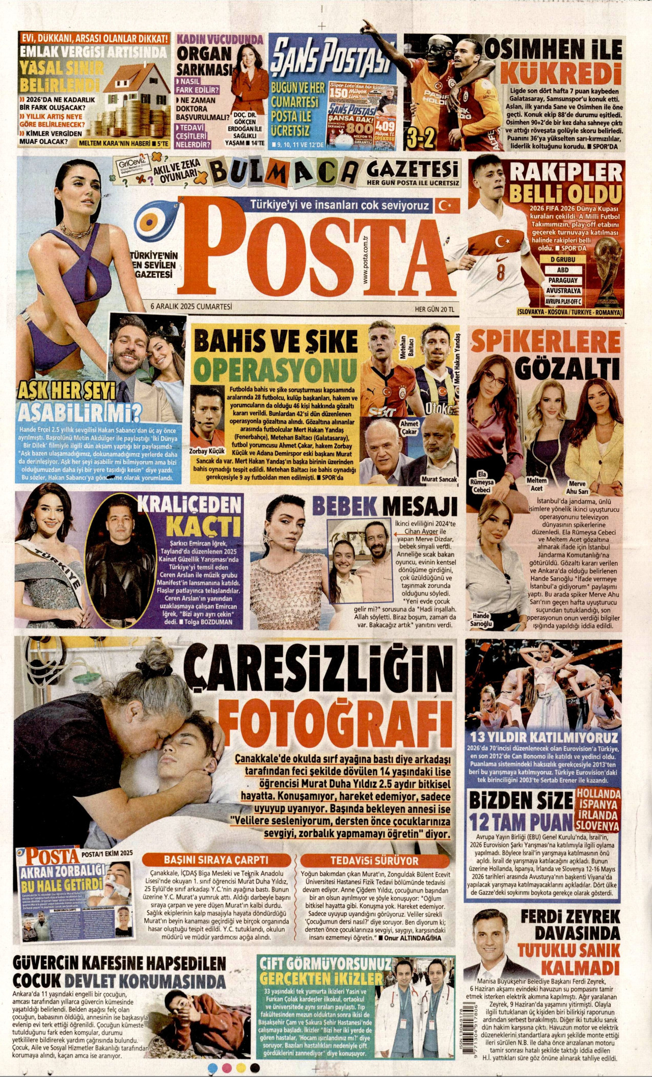 POSTA gazetesinin 6 Aralık 2025 tarihli birinci sayfası